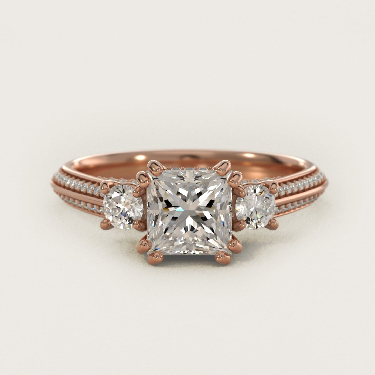 Pav? Knife Edge Diamond Three Stone Engagement Ring In 18k Rose Gold By James Allen - Princess Center