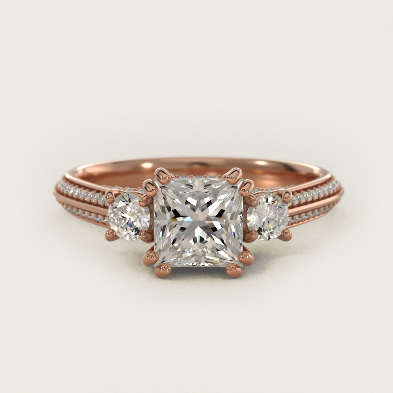 Pav? Knife Edge Diamond Three Stone Engagement Ring In 18k Rose Gold By James Allen - Princess Center