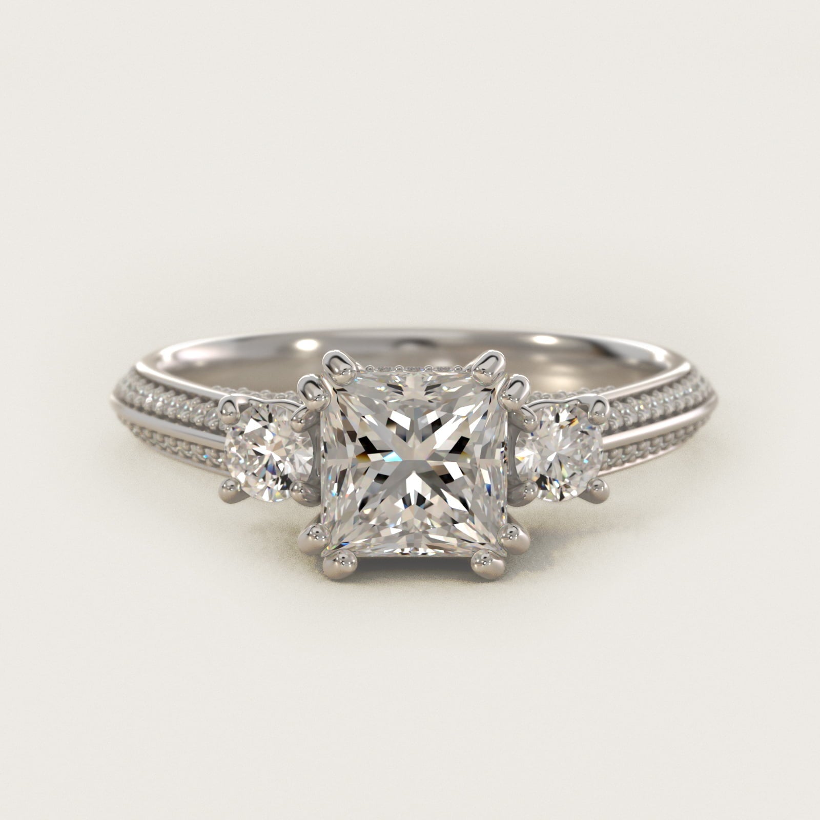 Pav? Knife Edge Diamond Three Stone Engagement Ring In 18k White Gold By James Allen - Princess Center