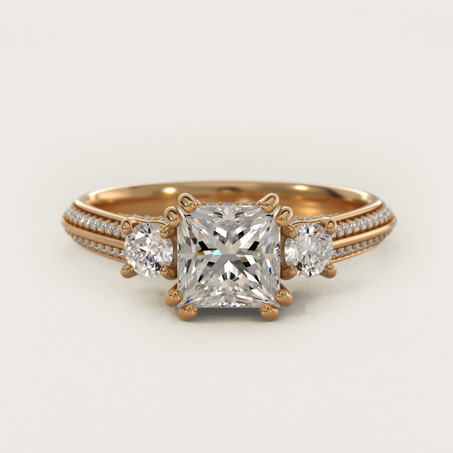 PavŽ Knife Edge Diamond Three Stone Engagement Ring In 14K Yellow Gold By James Allen - Princess Center