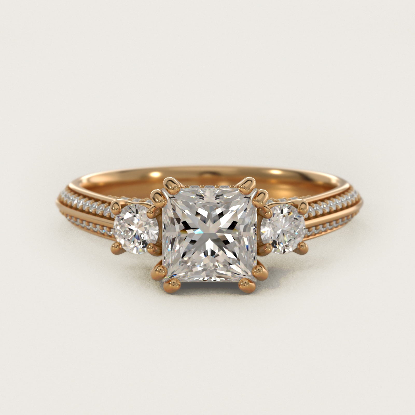 PavŽ Knife Edge Diamond Three Stone Engagement Ring In 14K Yellow Gold By James Allen - Princess Center
