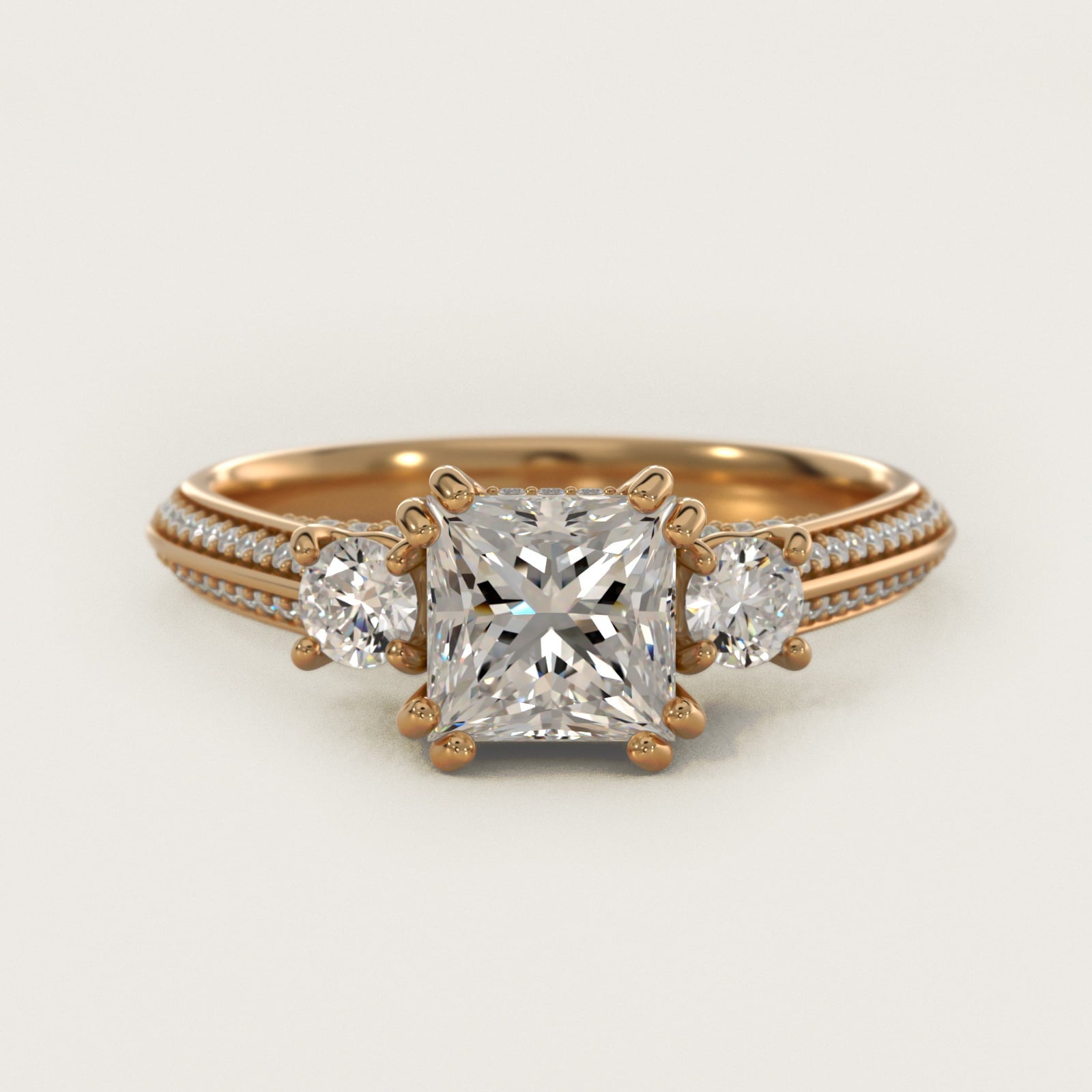 Pav? Knife Edge Diamond Three Stone Engagement Ring In 18k Yellow Gold By James Allen - Princess Center