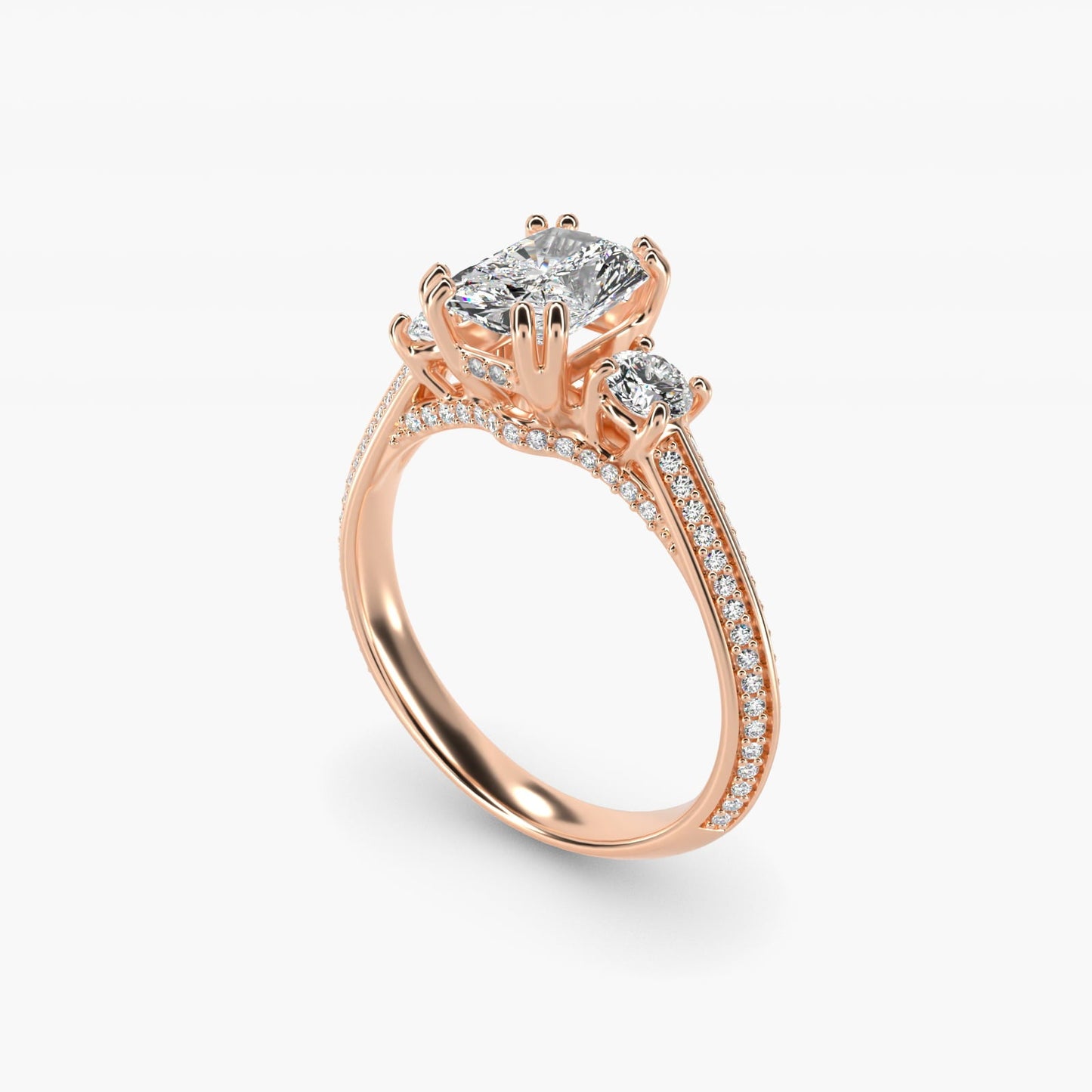 Pav? Knife Edge Diamond Three Stone Engagement Ring In 18k Rose Gold By James Allen - Radiant Center