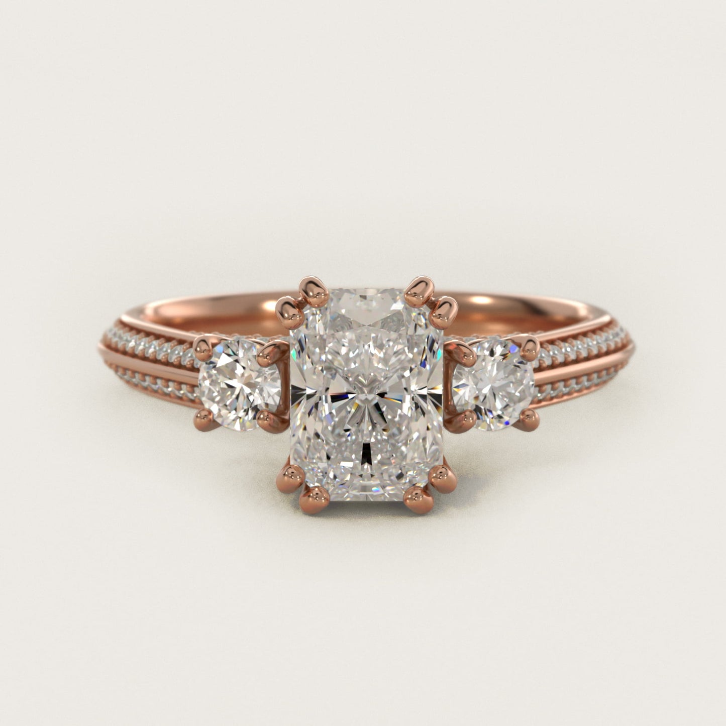 PavŽ Knife Edge Diamond Three Stone Engagement Ring In 14K Rose Gold By James Allen - Radiant Center