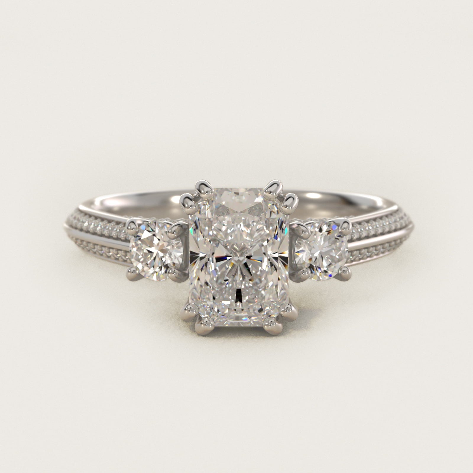PavŽ Knife Edge Diamond Three Stone Engagement Ring In 14K White Gold By James Allen - Radiant Center