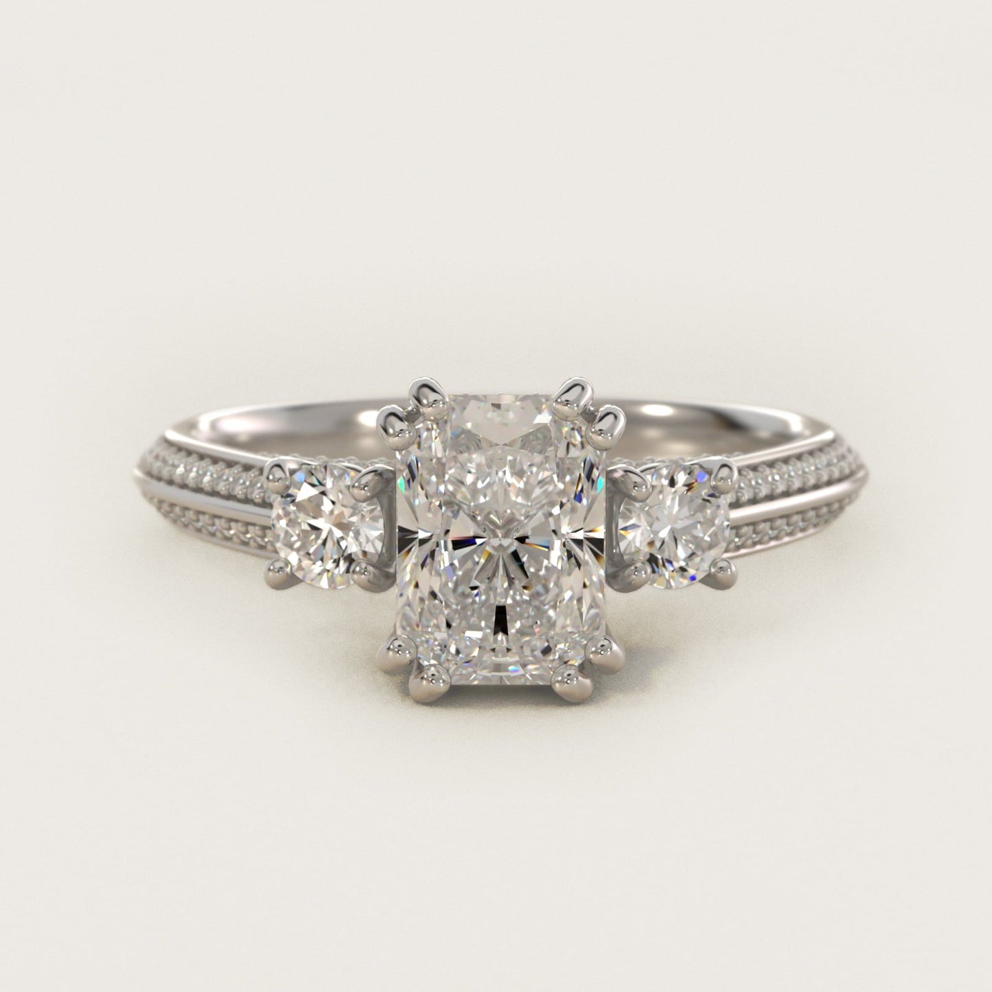 Pav? Knife Edge Diamond Three Stone Engagement Ring In 18k White Gold By James Allen - Radiant Center