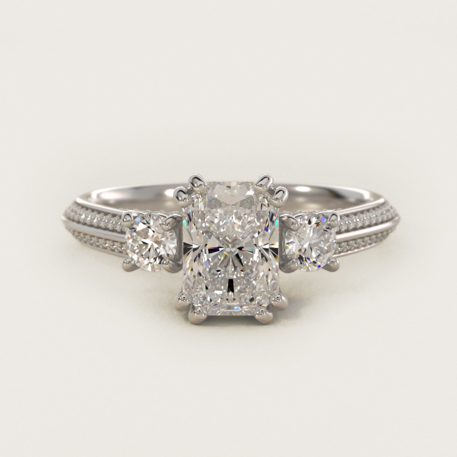Pav? Knife Edge Diamond Three Stone Engagement Ring In 18k White Gold By James Allen - Radiant Center
