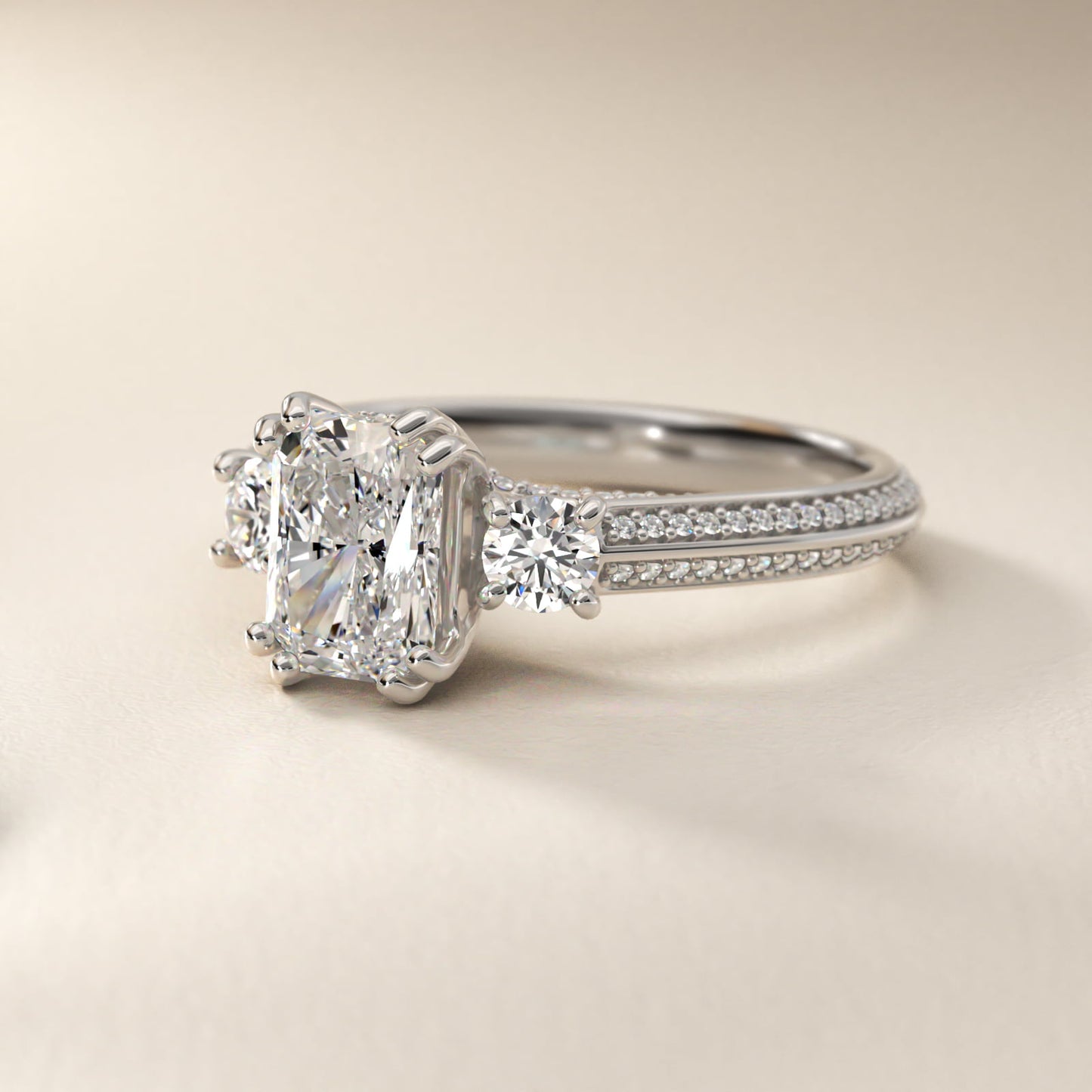 PavŽ Knife Edge Diamond Three Stone Engagement Ring In 14K White Gold By James Allen - Radiant Center