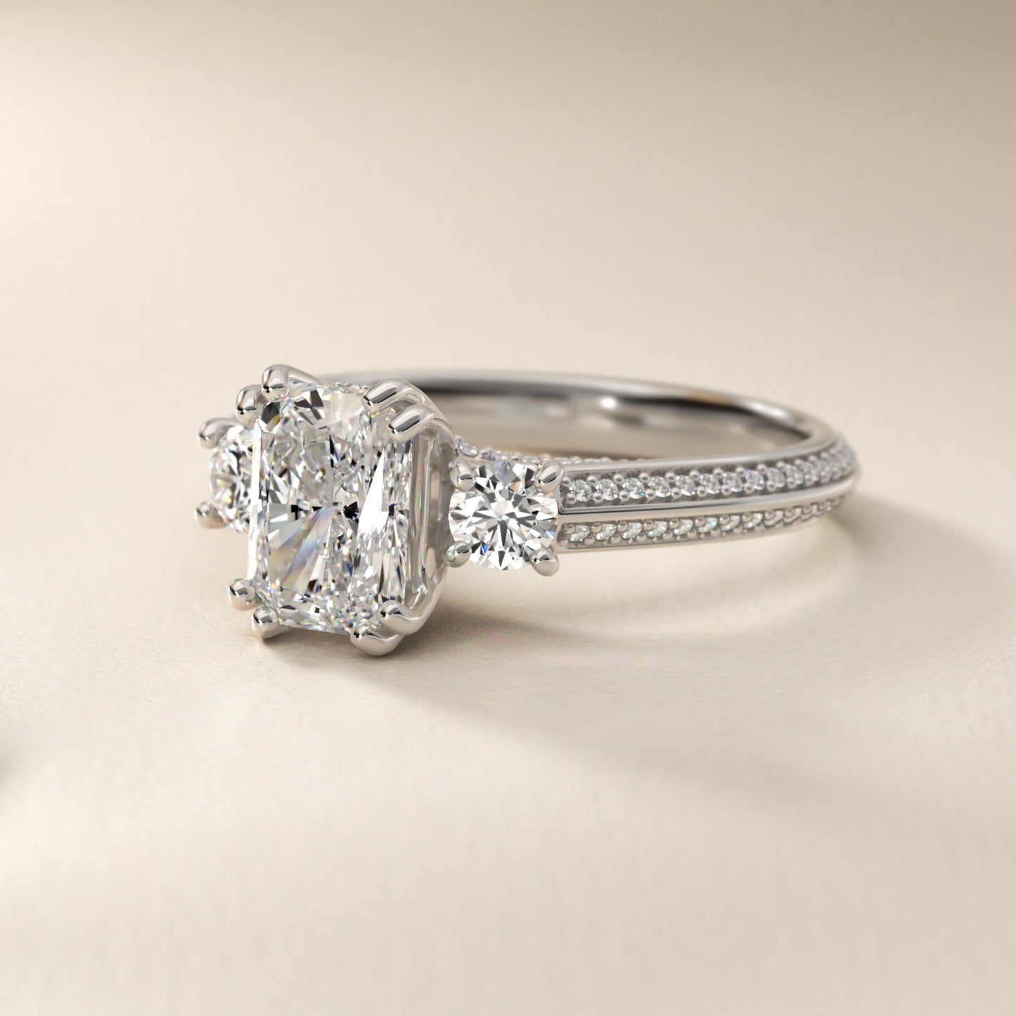 Pav? Knife Edge Diamond Three Stone Engagement Ring In 18k White Gold By James Allen - Radiant Center