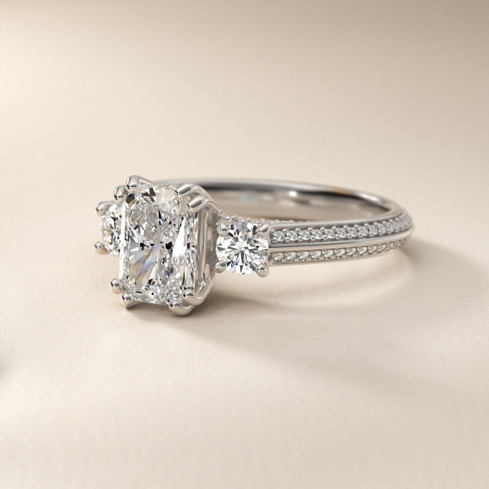 Pav? Knife Edge Diamond Three Stone Engagement Ring In 18k White Gold By James Allen - Radiant Center