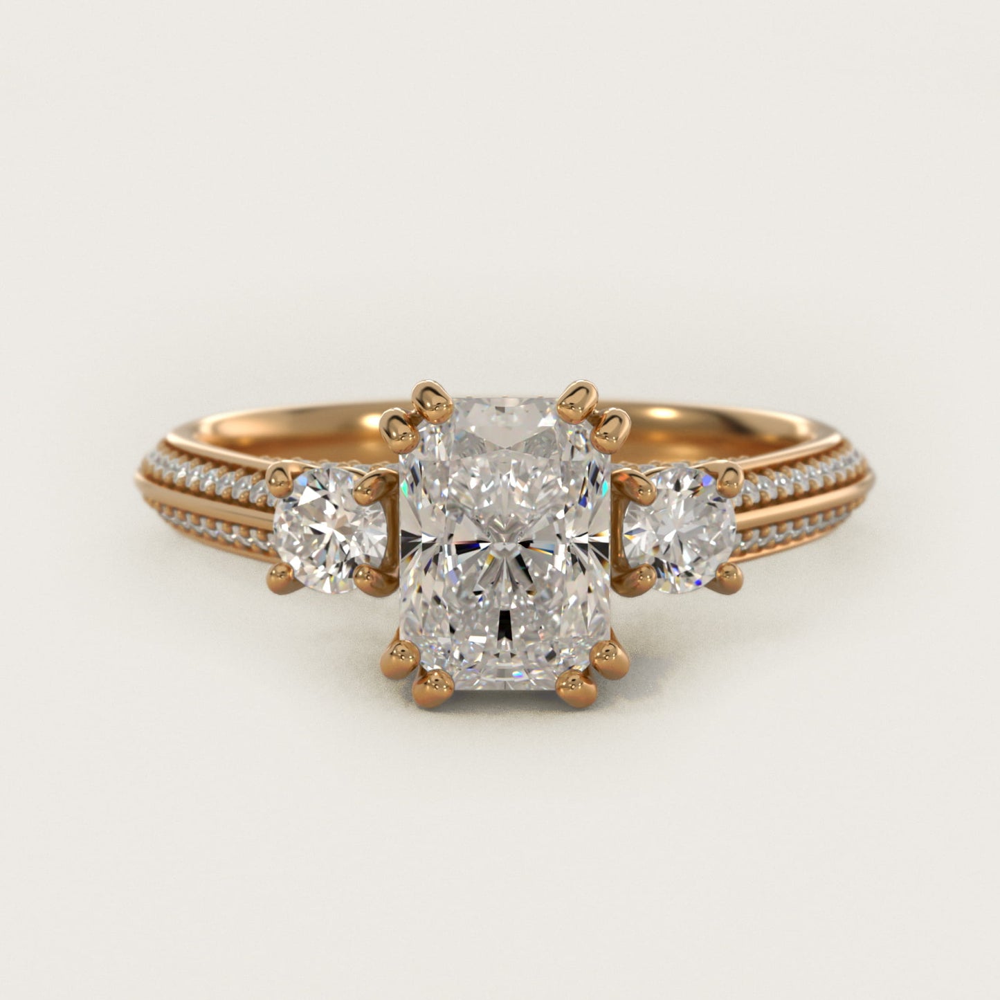 PavŽ Knife Edge Diamond Three Stone Engagement Ring In 14K Yellow Gold By James Allen - Radiant Center