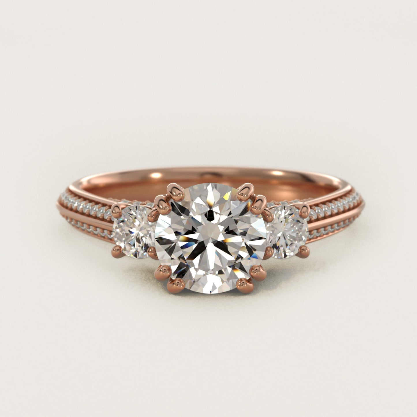 PavŽ Knife Edge Diamond Three Stone Engagement Ring In 14K Rose Gold By James Allen - Round Center
