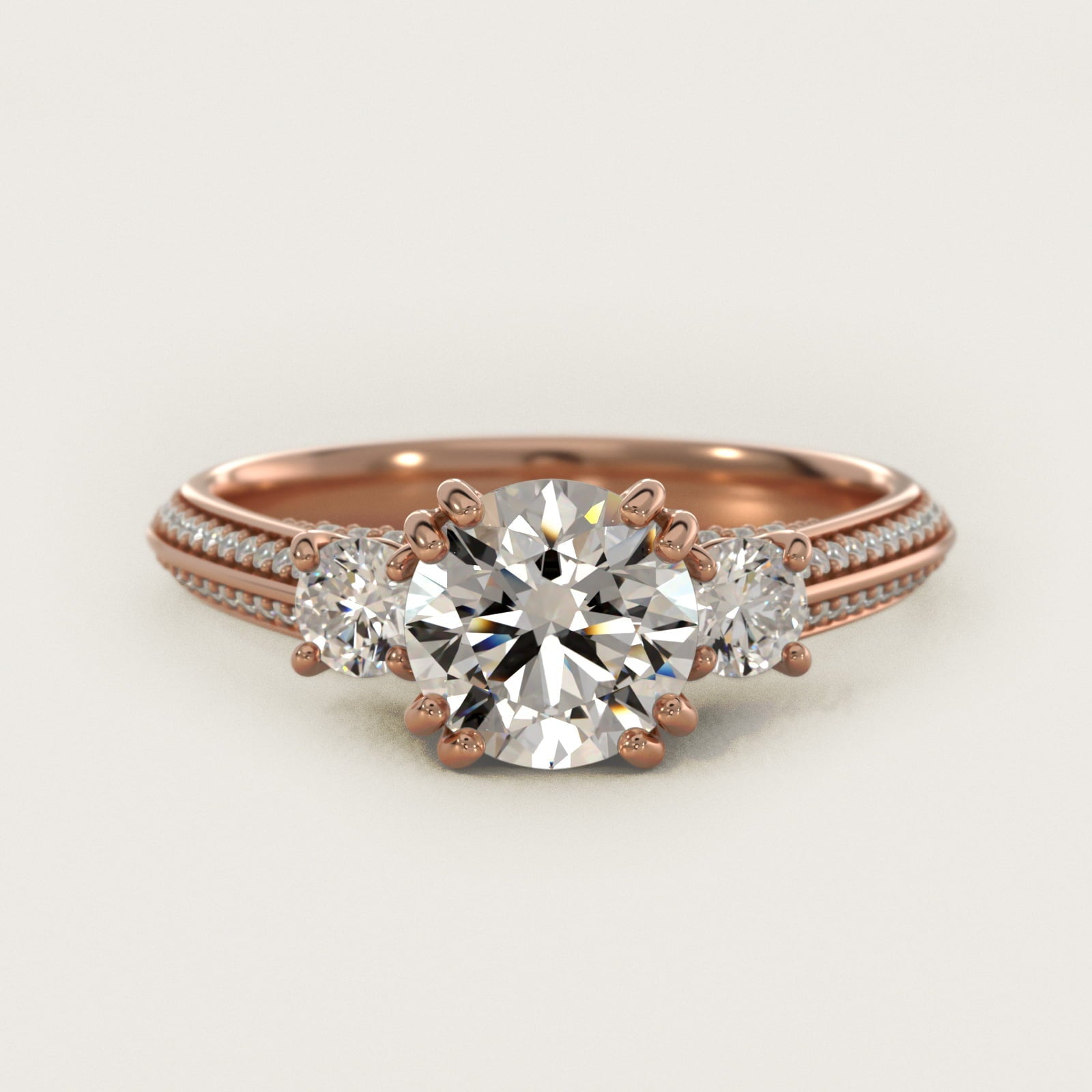 Pav? Knife Edge Diamond Three Stone Engagement Ring In 18k Rose Gold By James Allen - Round Center