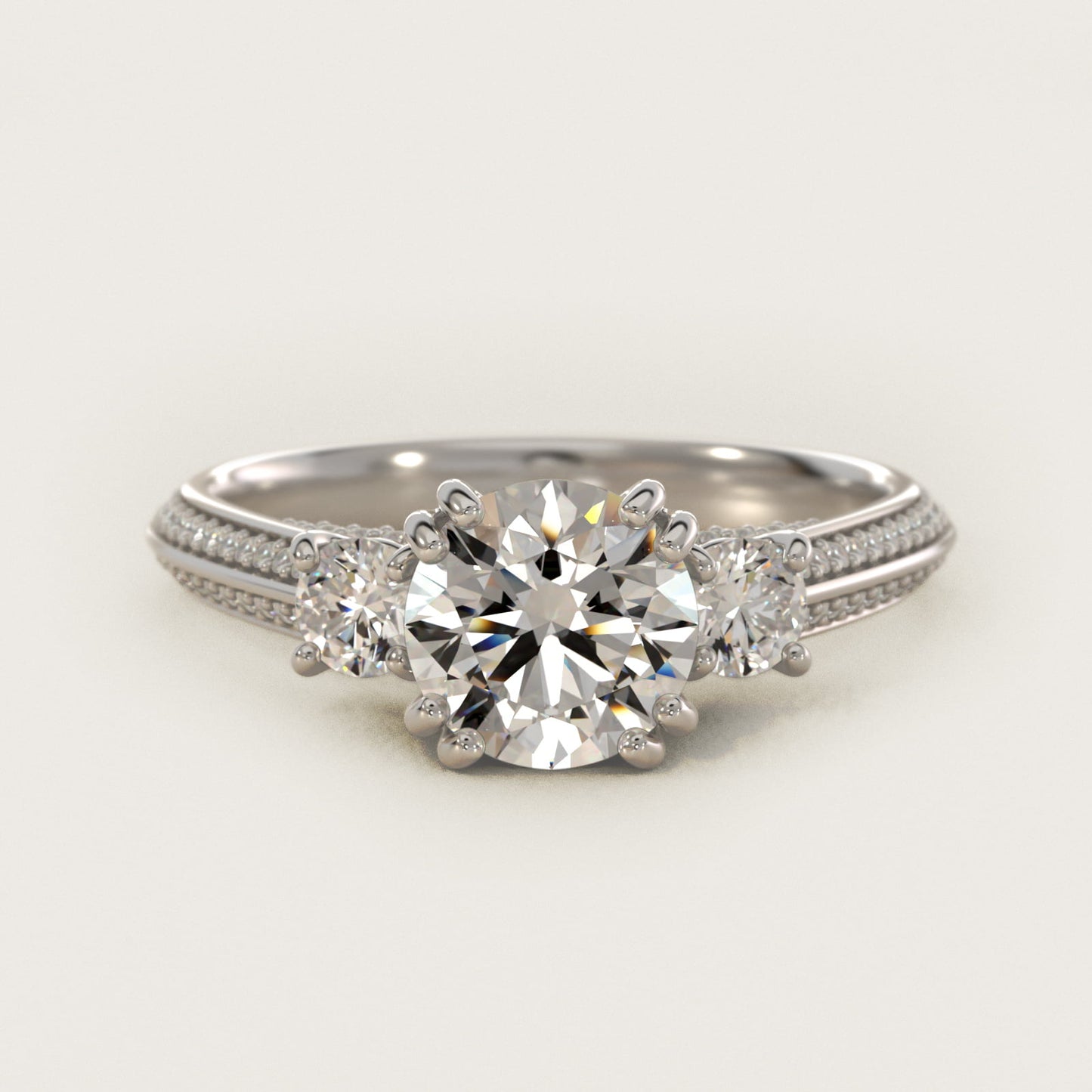 PavŽ Knife Edge Diamond Three Stone Engagement Ring In 14K White Gold By James Allen - Round Center
