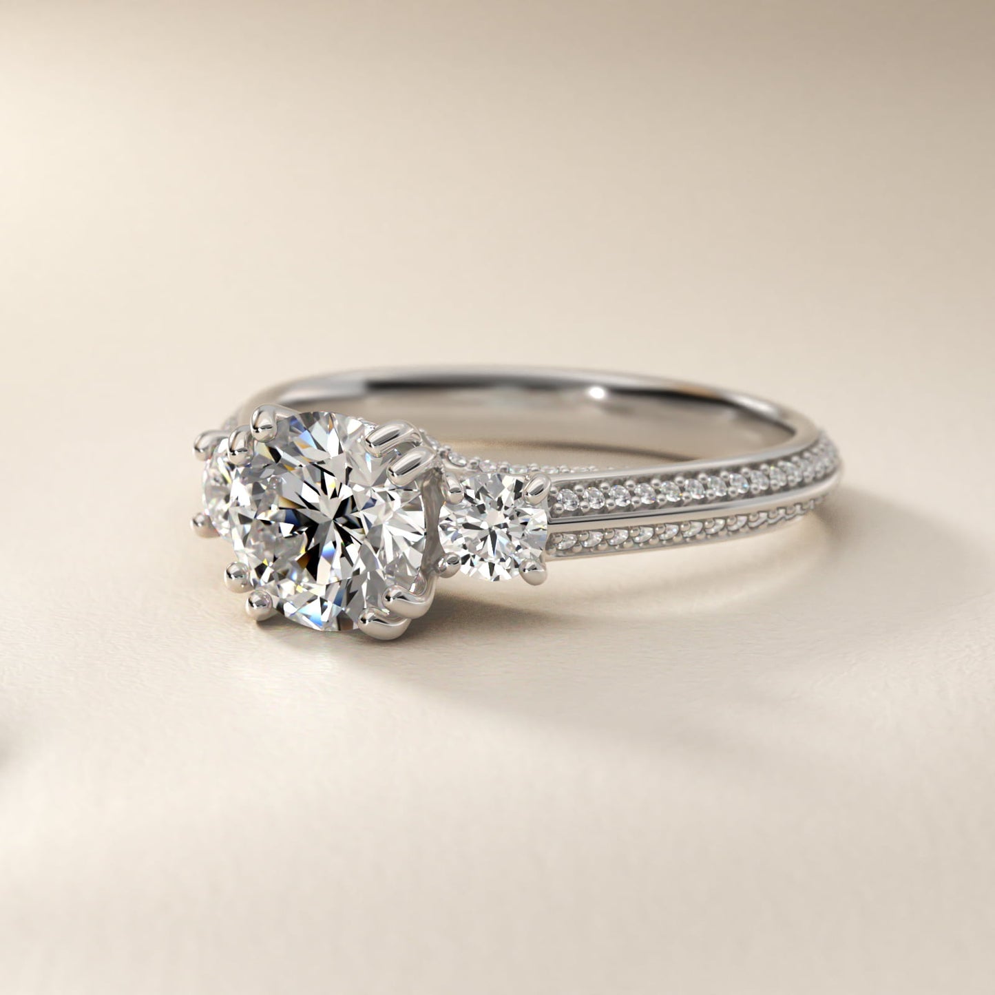 PavŽ Knife Edge Diamond Three Stone Engagement Ring In 14K White Gold By James Allen - Round Center