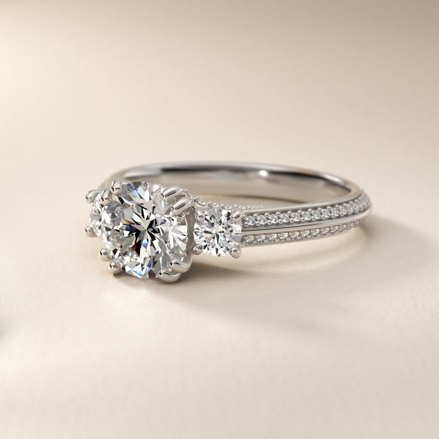 Pav? Knife Edge Diamond Three Stone Engagement Ring In 18k White Gold By James Allen - Round Center