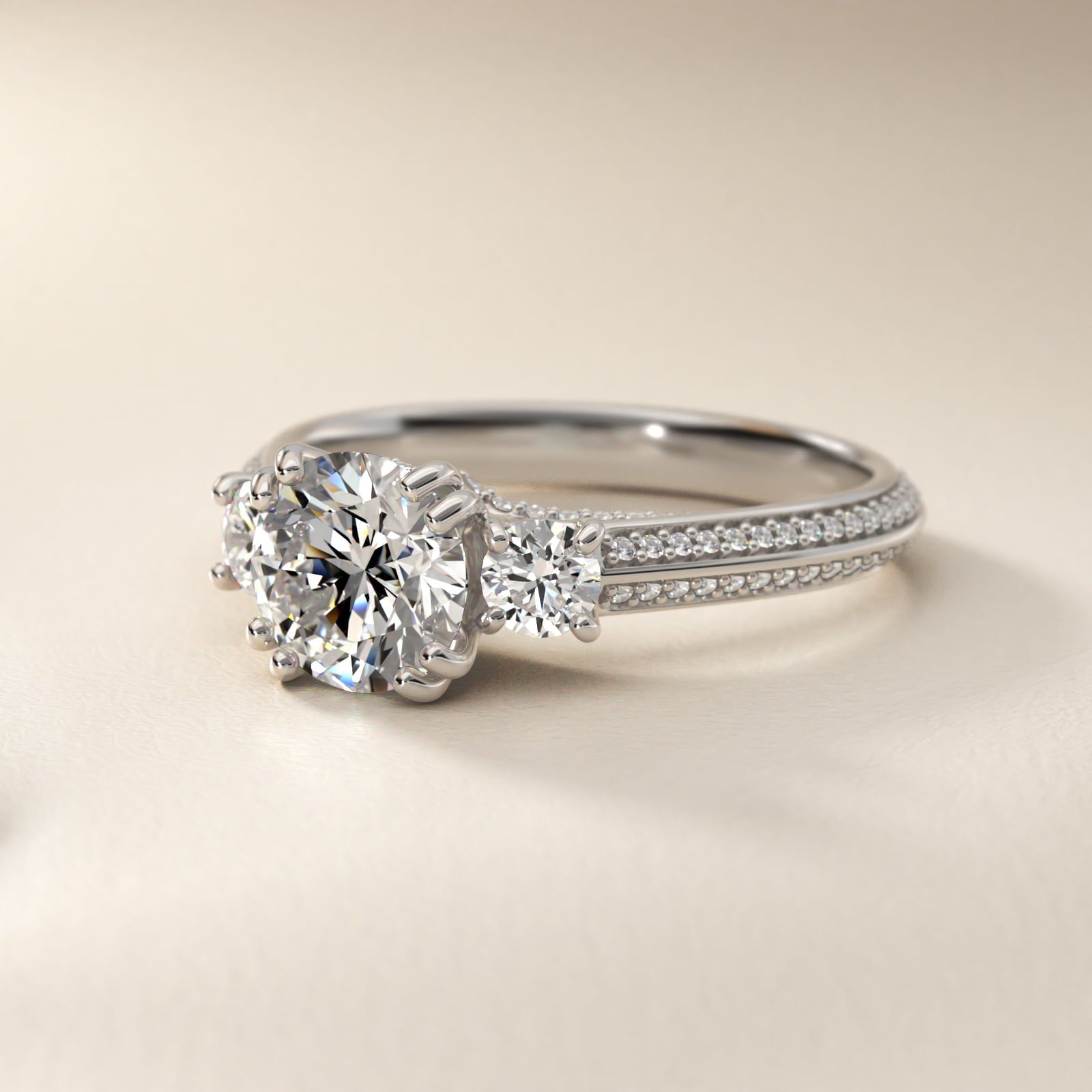 Pav? Knife Edge Diamond Three Stone Engagement Ring In 18k White Gold By James Allen - Round Center