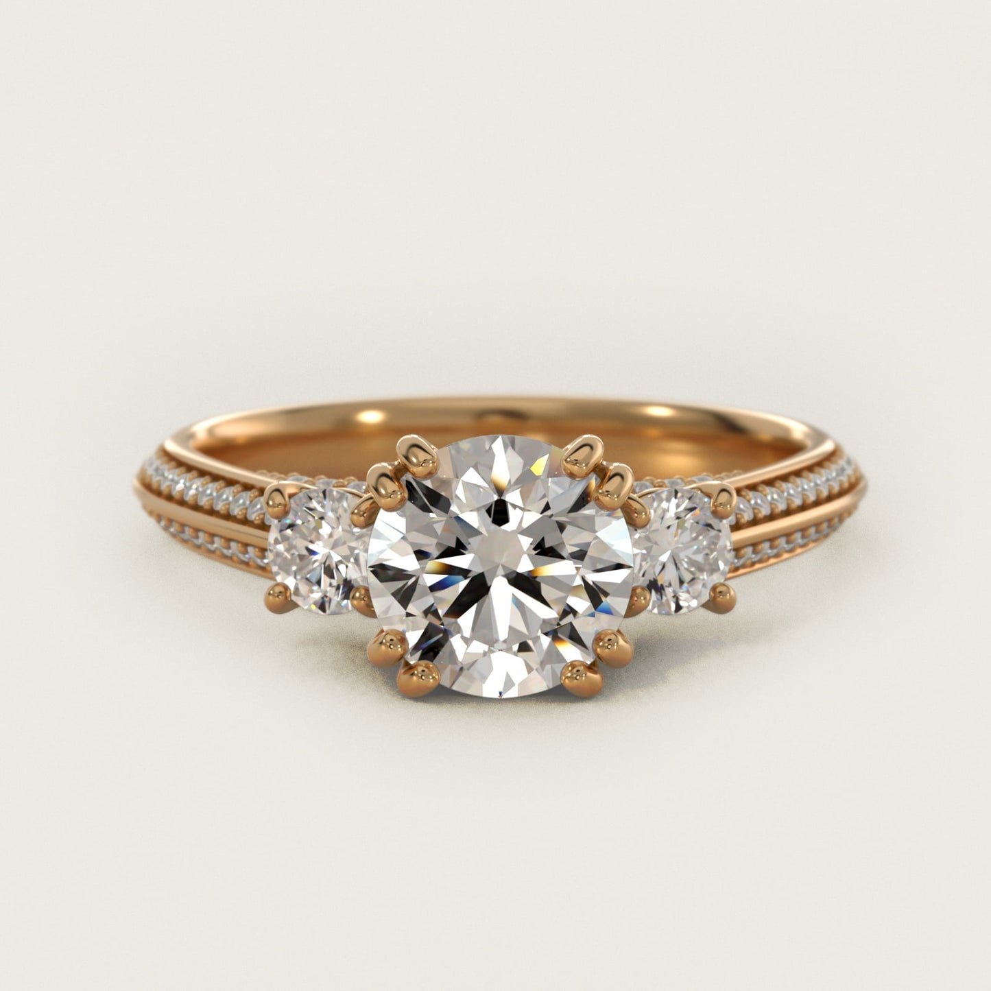 PavŽ Knife Edge Diamond Three Stone Engagement Ring In 14K Yellow Gold By James Allen - Round Center