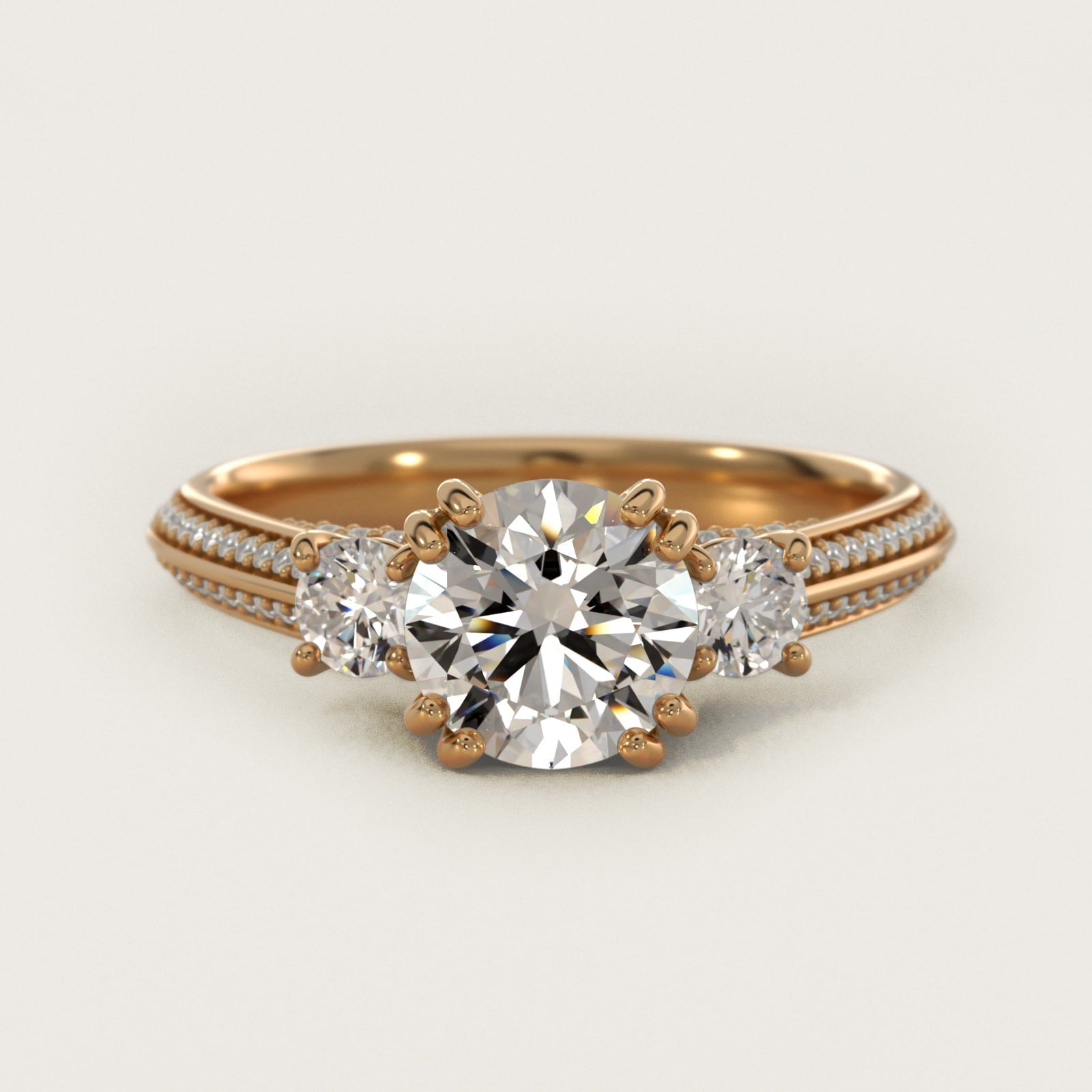 Pav? Knife Edge Diamond Three Stone Engagement Ring In 18k Yellow Gold By James Allen - Round Center