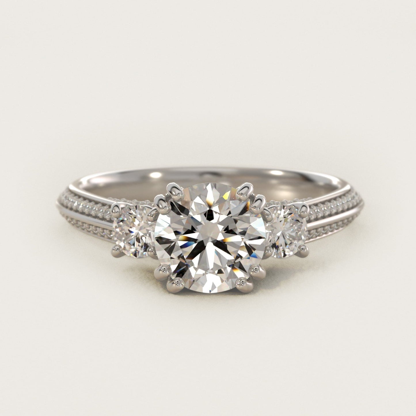 Pav? Knife Edge Diamond Three Stone Engagement Ring In Platinum By James Allen - Round Center
