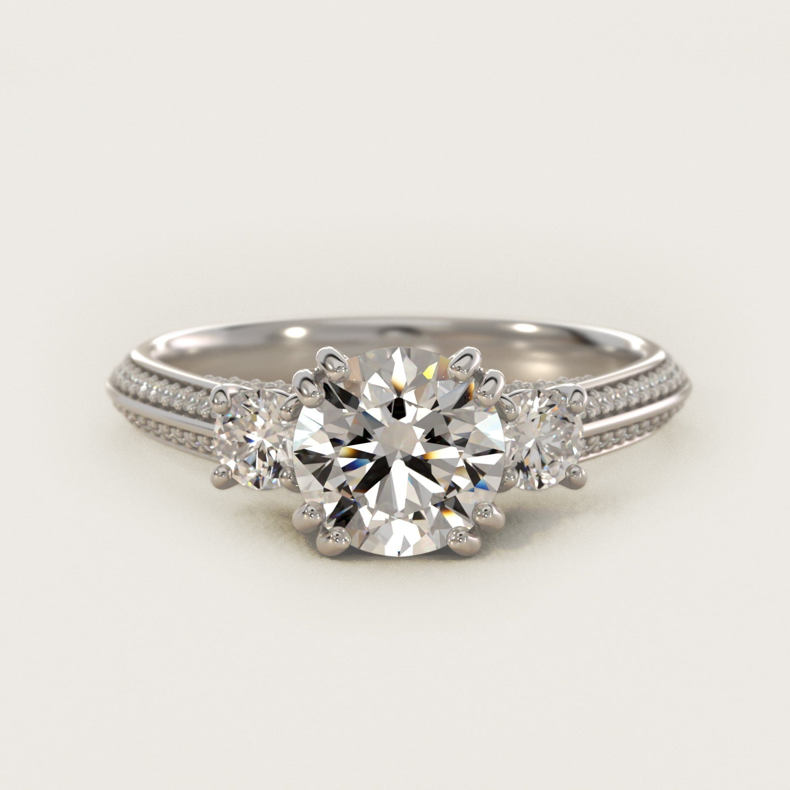 Pav? Knife Edge Diamond Three Stone Engagement Ring In Platinum By James Allen - Round Center
