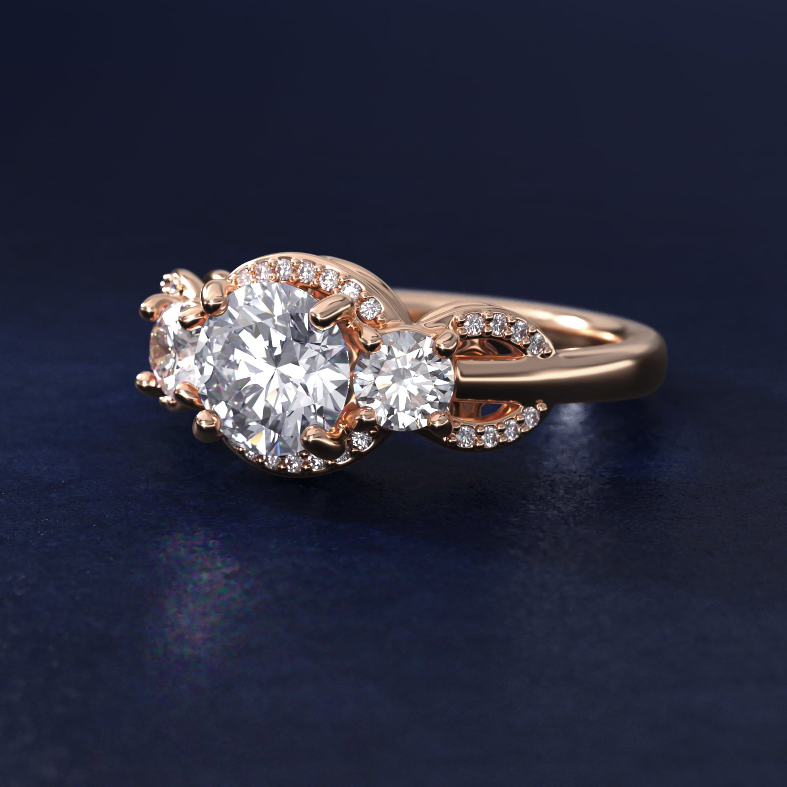 PavŽ Silhouette Diamond Three Stone Engagement Ring In 18k Rose Gold By James Allen - Round Center