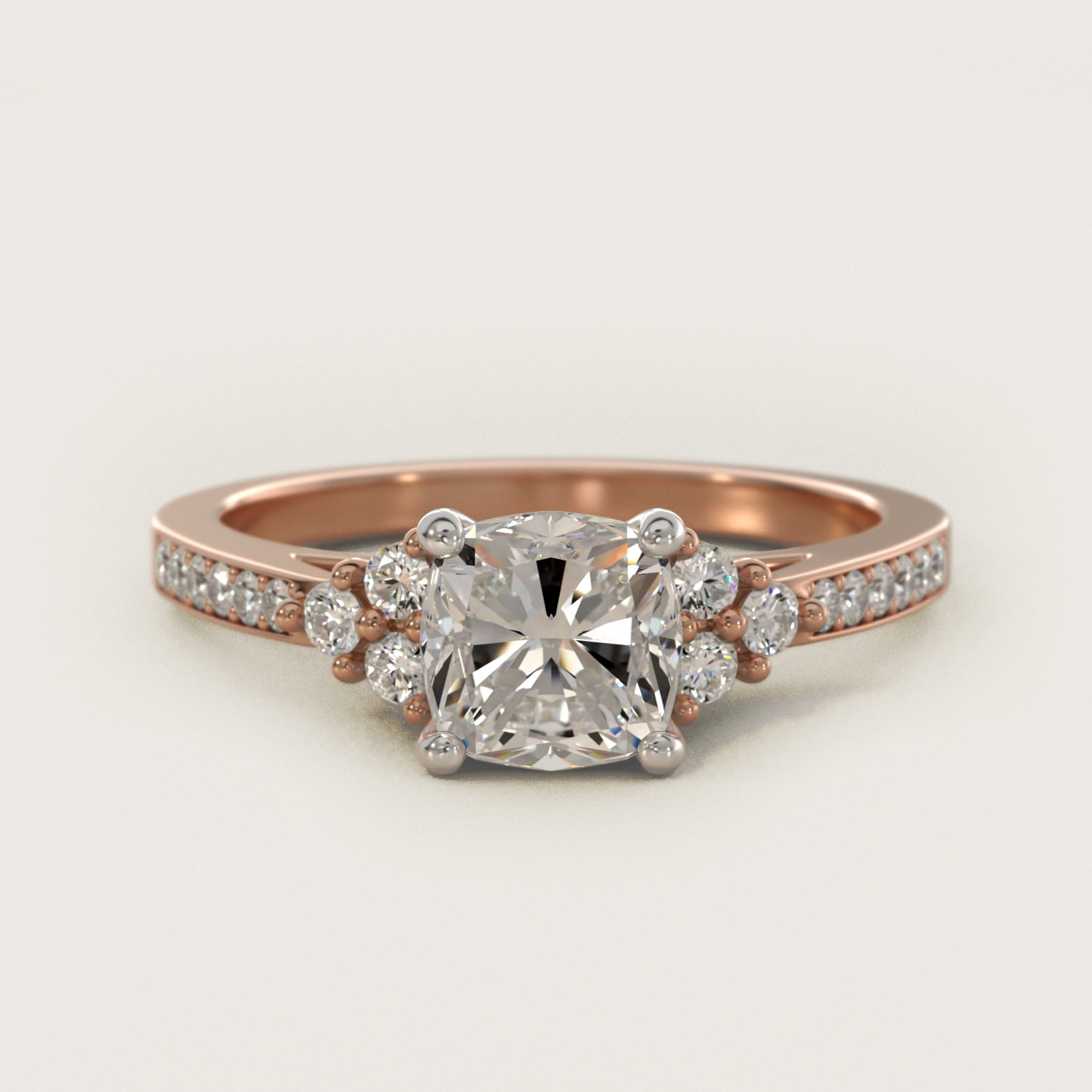 PavŽ Trio Side Stone Diamond Engagement Ring In 14K Rose Gold By James Allen - Cushion Center