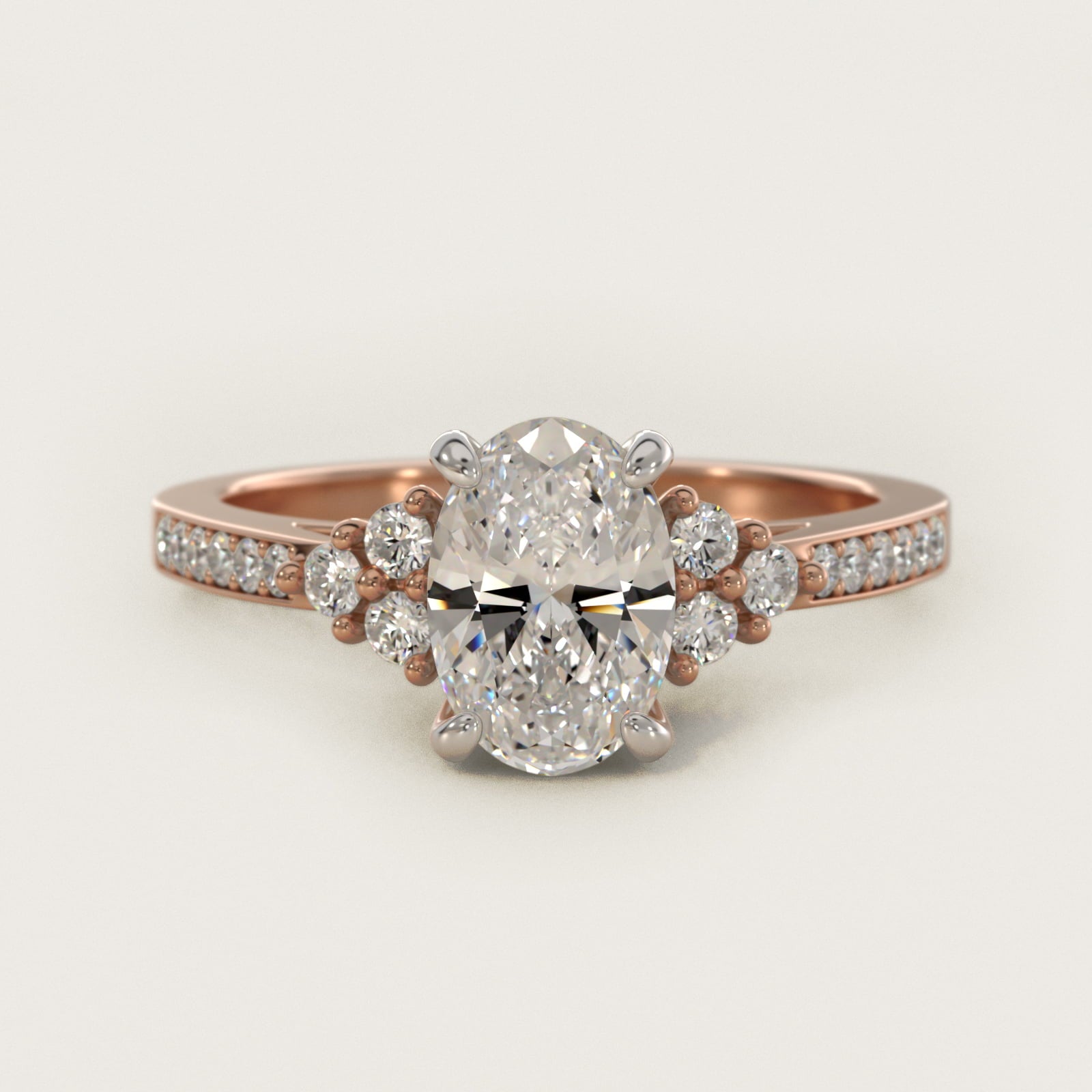 PavŽ Trio Side Stone Diamond Engagement Ring In 14K Rose Gold By James Allen - Oval Center