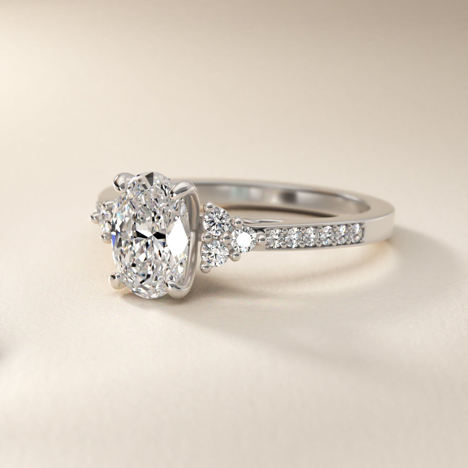 PavŽ Trio Side Stone Diamond Engagement Ring In 18k White Gold By James Allen - Oval Center