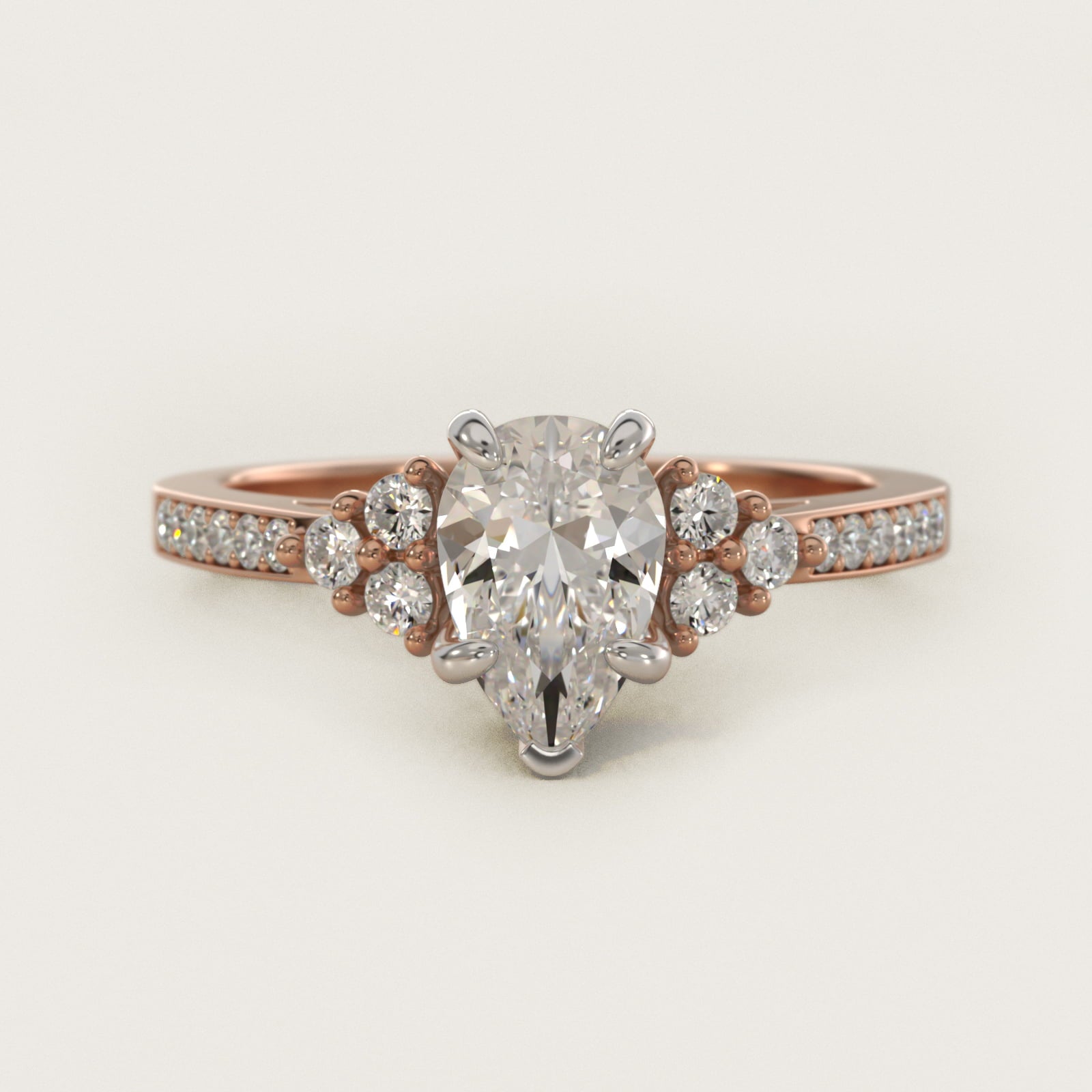 PavŽ Trio Side Stone Diamond Engagement Ring In 14K Rose Gold By James Allen - Pear Center