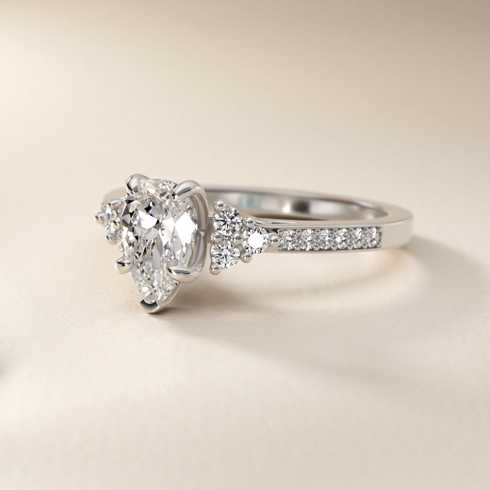 PavŽ Trio Side Stone Diamond Engagement Ring In 18k White Gold By James Allen - Pear Center