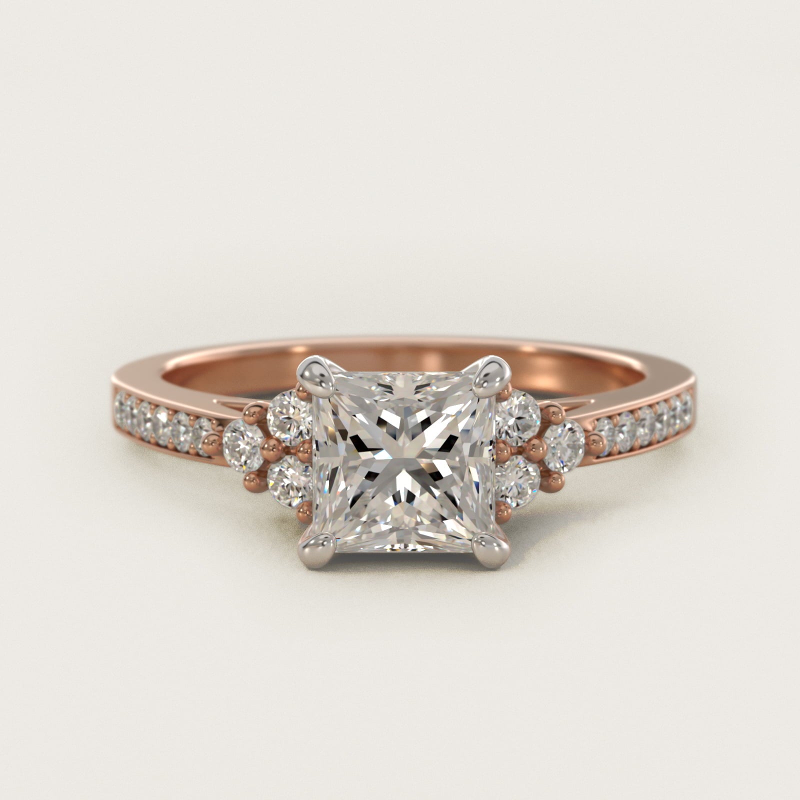 PavŽ Trio Side Stone Diamond Engagement Ring In 14K Rose Gold By James Allen - Princess Center