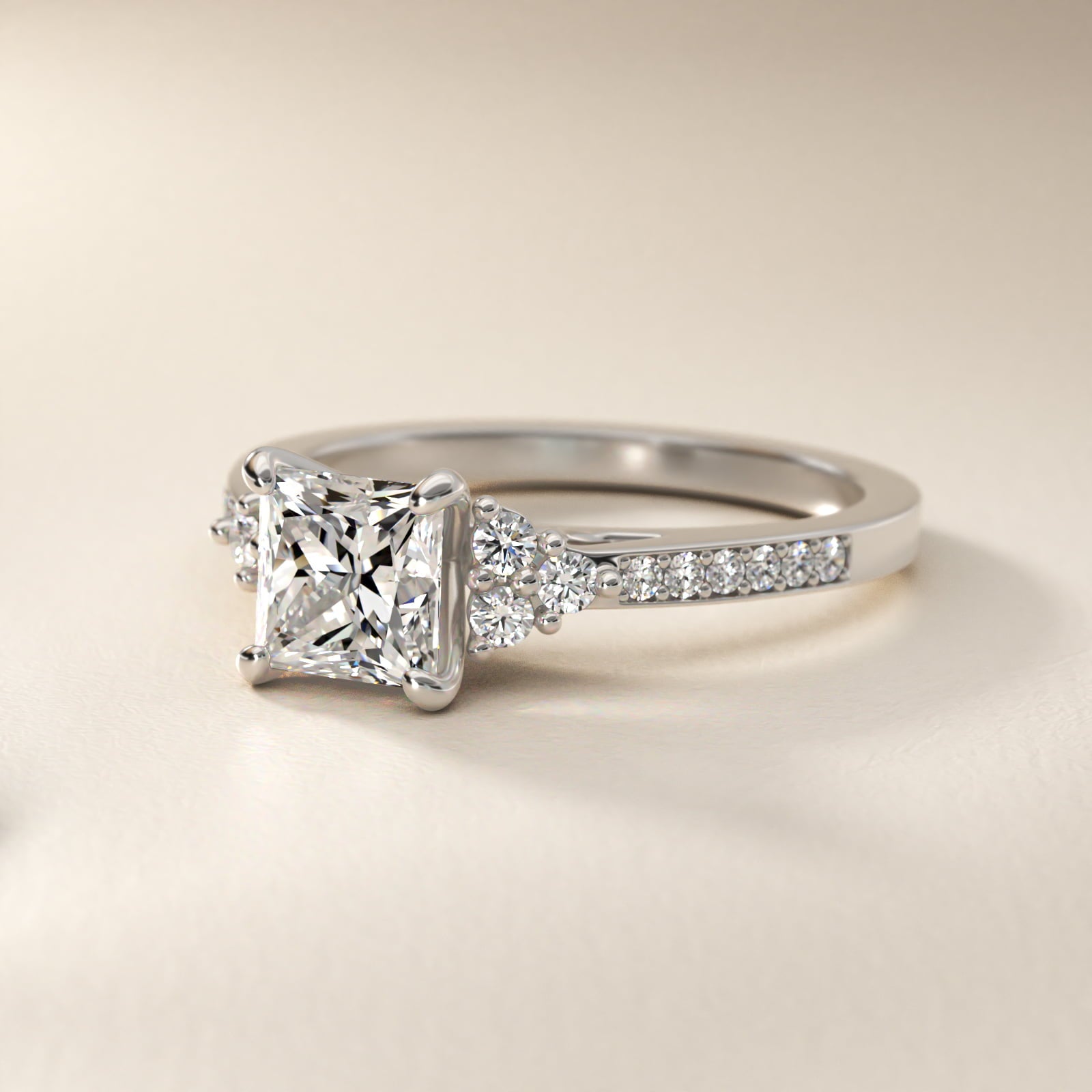 PavŽ Trio Side Stone Diamond Engagement Ring In 14K White Gold By James Allen - Princess Center