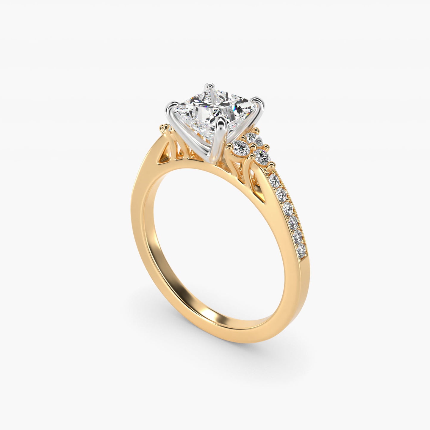 PavŽ Trio Side Stone Diamond Engagement Ring In 18k Yellow Gold By James Allen - Princess Center