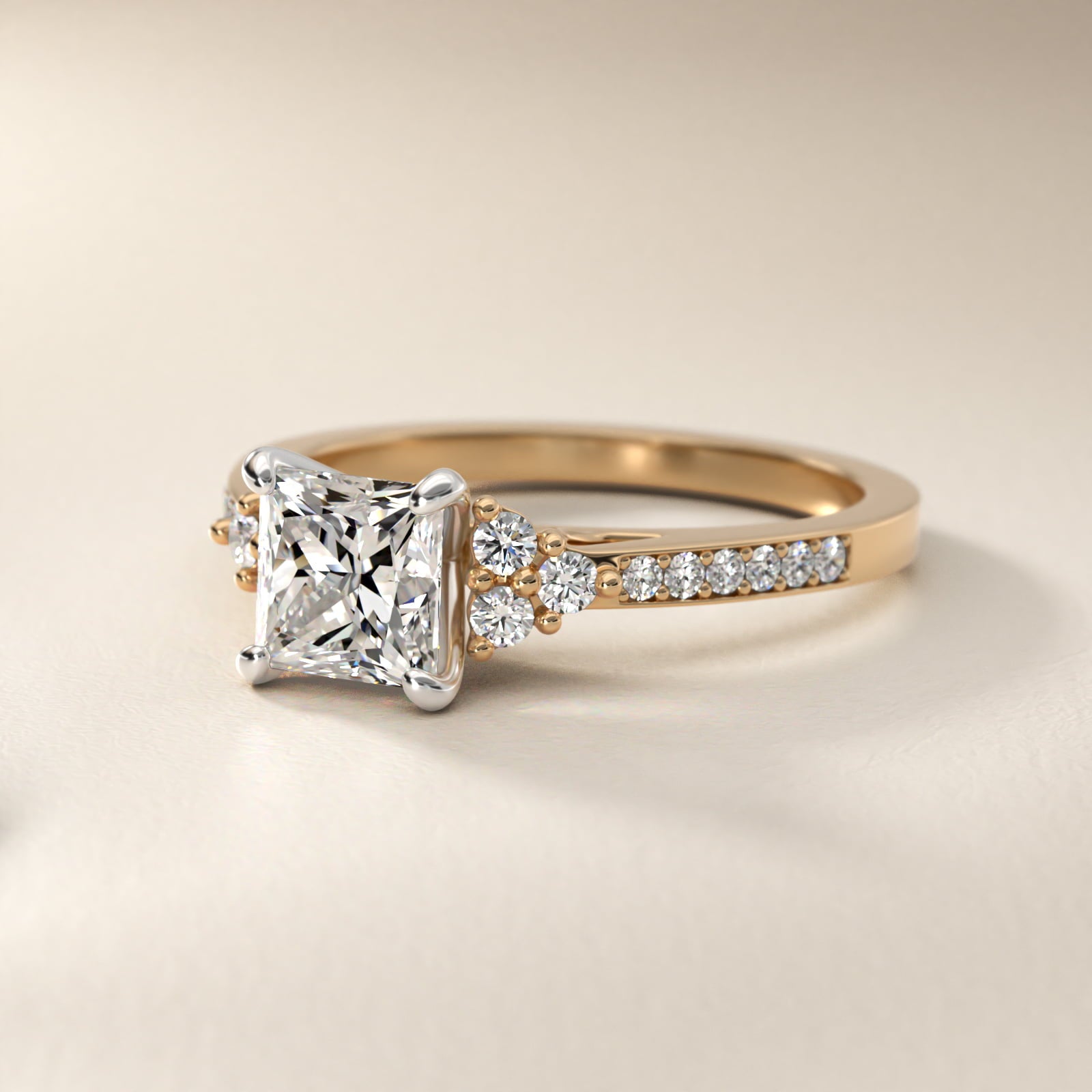 PavŽ Trio Side Stone Diamond Engagement Ring In 18k Yellow Gold By James Allen - Princess Center