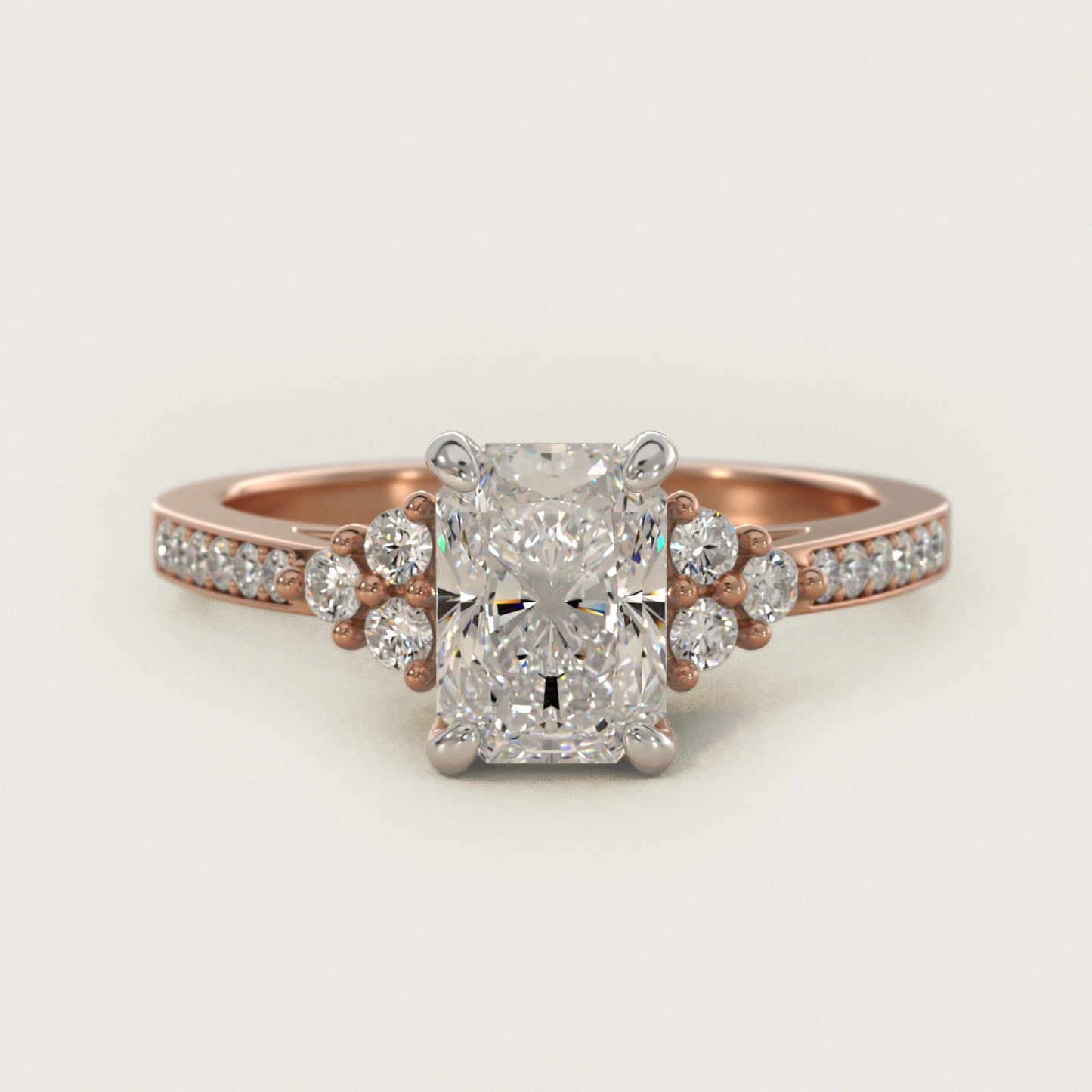 PavŽ Trio Side Stone Diamond Engagement Ring In 14K Rose Gold By James Allen - Radiant Center