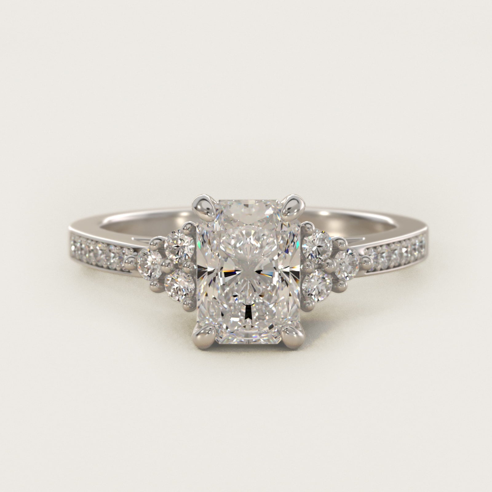 PavŽ Trio Side Stone Diamond Engagement Ring In 18k White Gold By James Allen - Radiant Center