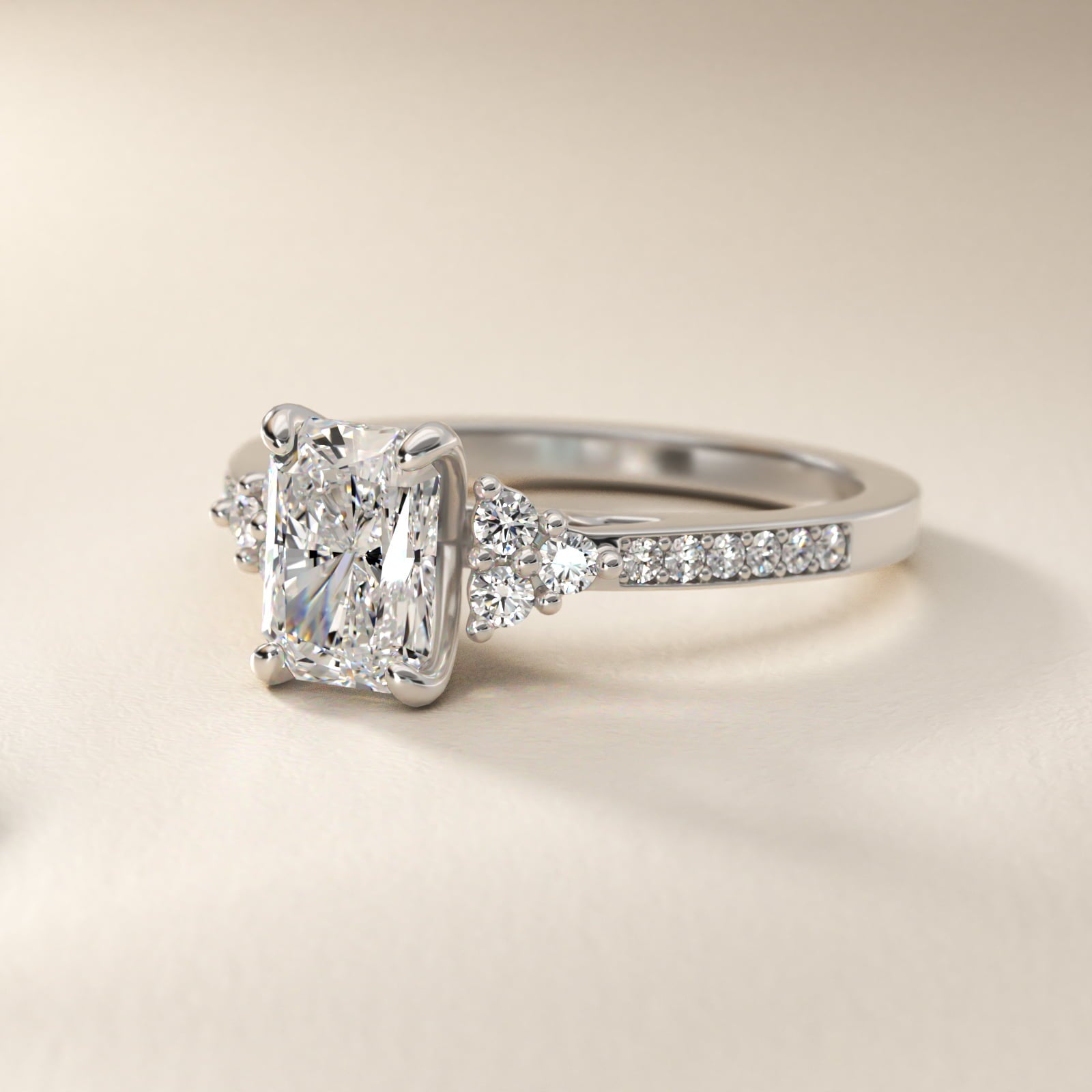 PavŽ Trio Side Stone Diamond Engagement Ring In 14K White Gold By James Allen - Radiant Center