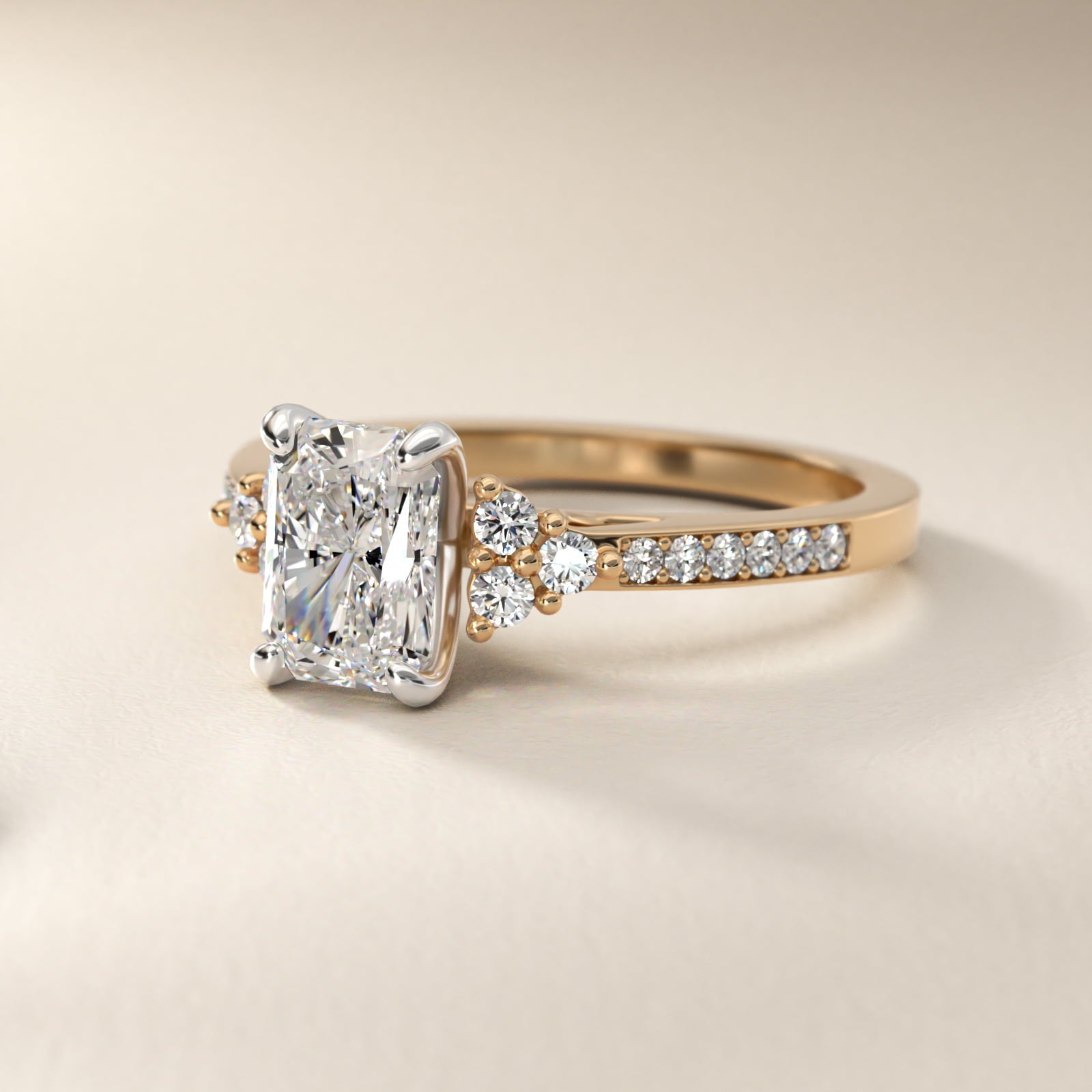 PavŽ Trio Side Stone Diamond Engagement Ring In 14K Yellow Gold By James Allen - Radiant Center
