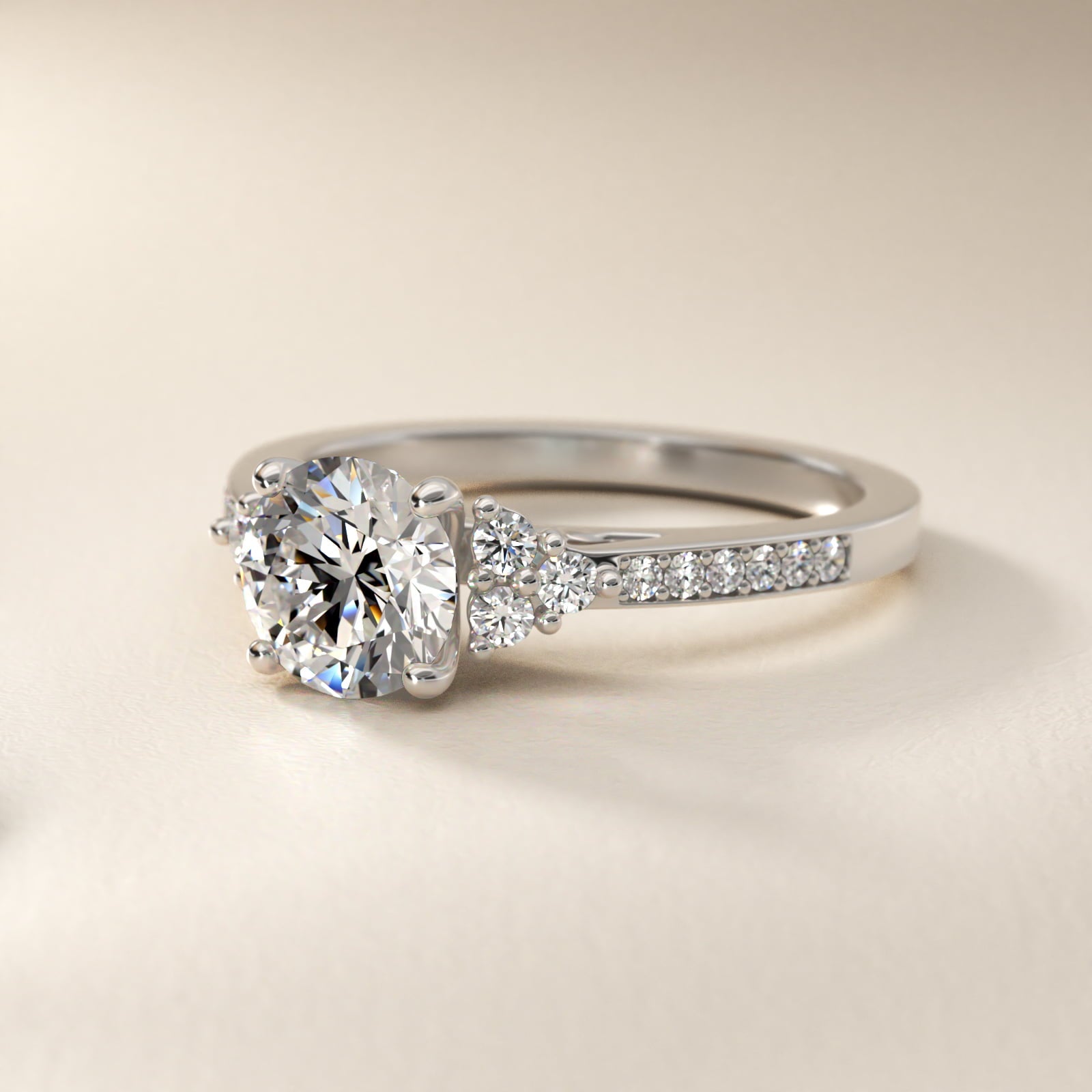 PavŽ Trio Side Stone Diamond Engagement Ring In 18k White Gold By James Allen - Round Center