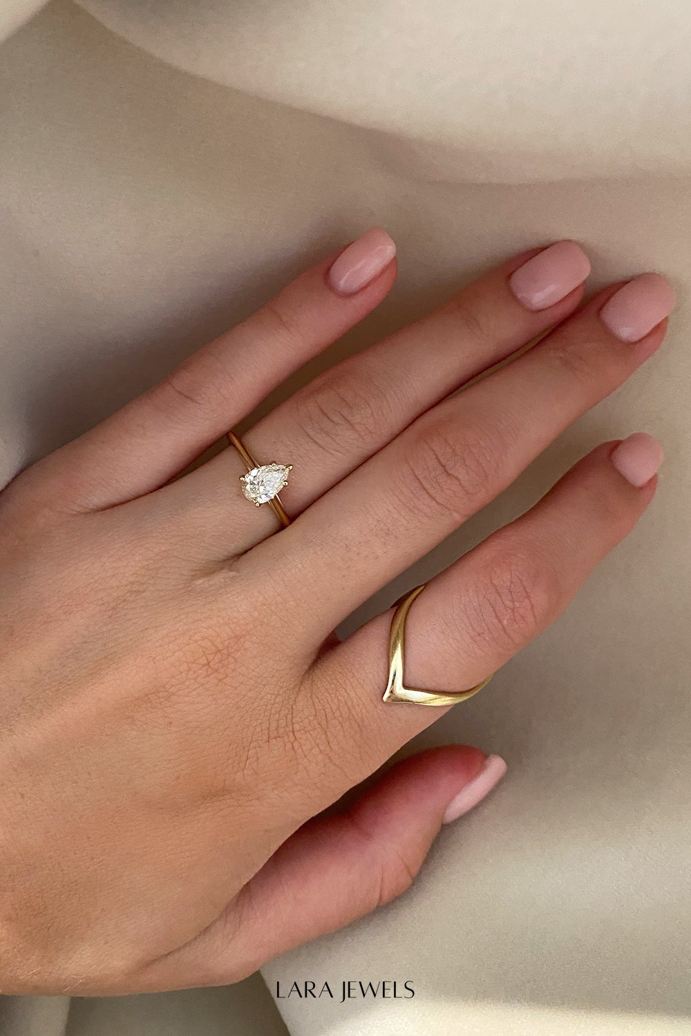 Pear Diamond Ring 18K Gold - On model