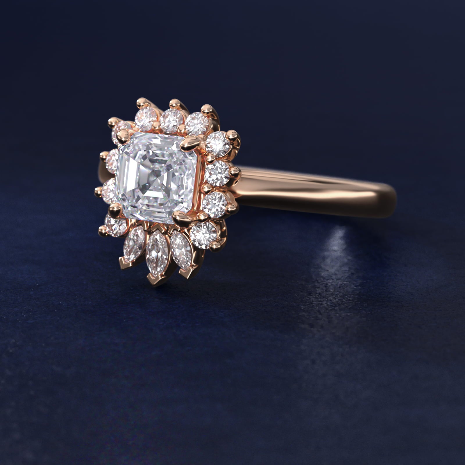 Pear Marquise and Round Ballerina Halo Diamond Engagement Ring in 18k Rose Gold - Asscher Center