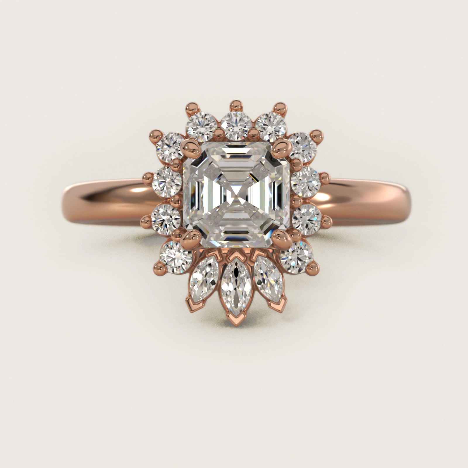 Pear Marquise and Round Ballerina Halo Diamond Engagement Ring in 14k Rose Gold - Asscher Center