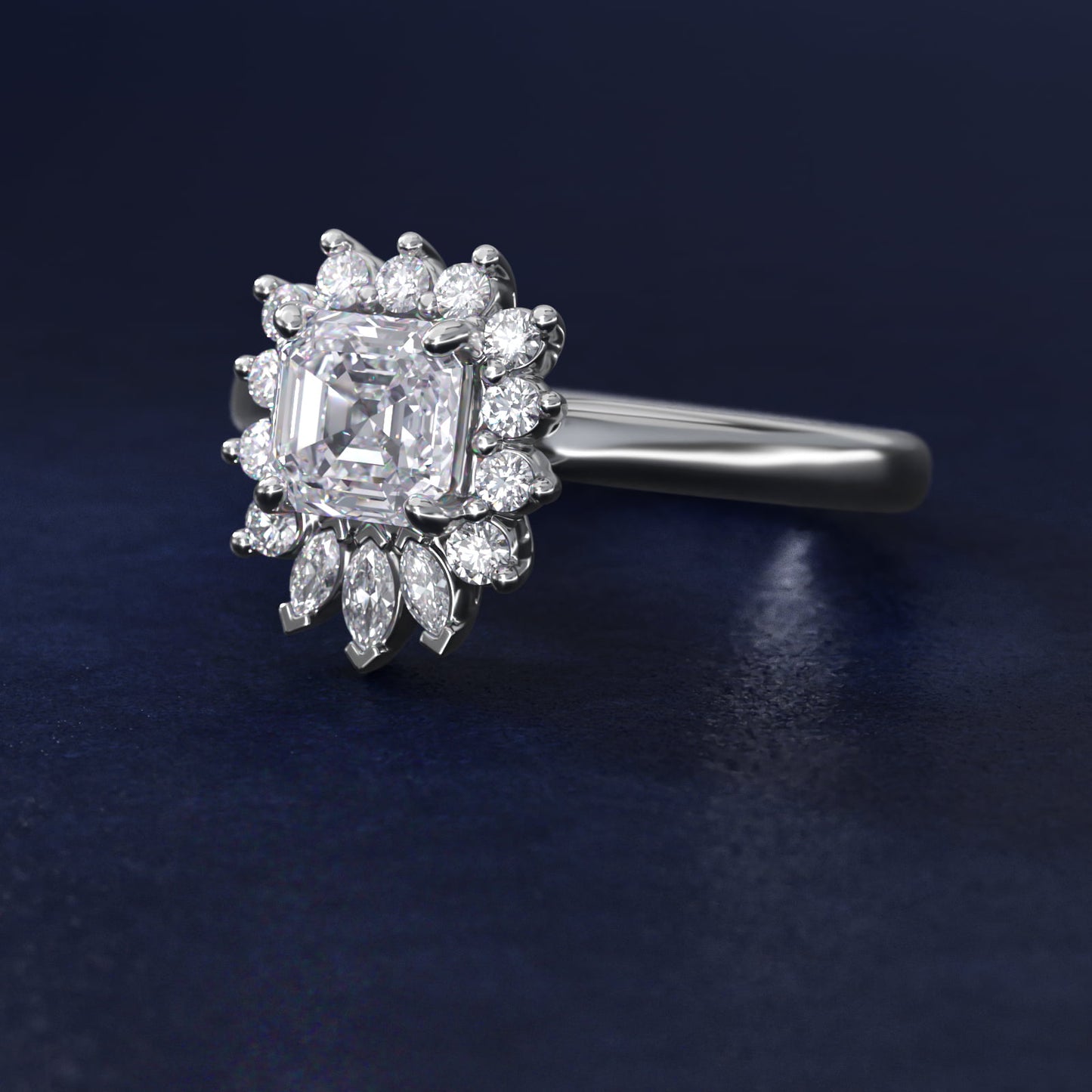 Pear Marquise and Round Ballerina Halo Diamond Engagement Ring in 14k White Gold - Asscher Center