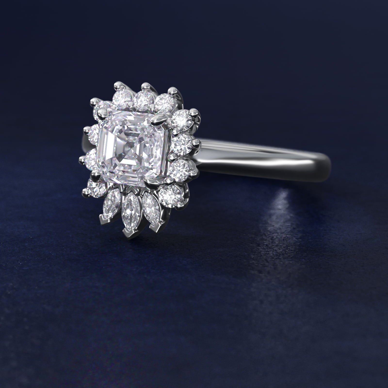 Pear Marquise and Round Ballerina Halo Diamond Engagement Ring in 18k White Gold - Asscher Center
