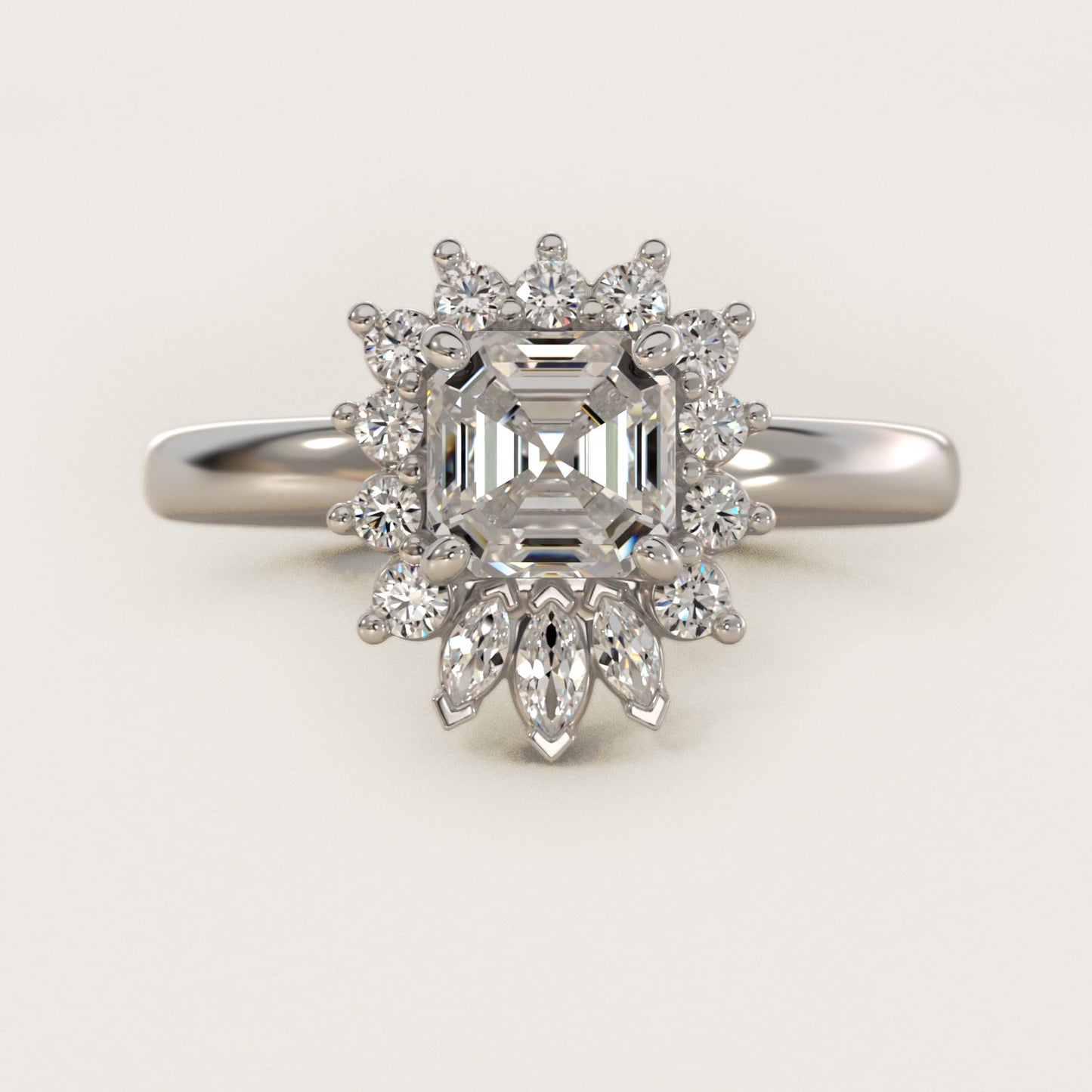 Pear Marquise and Round Ballerina Halo Diamond Engagement Ring in 18k White Gold - Asscher Center