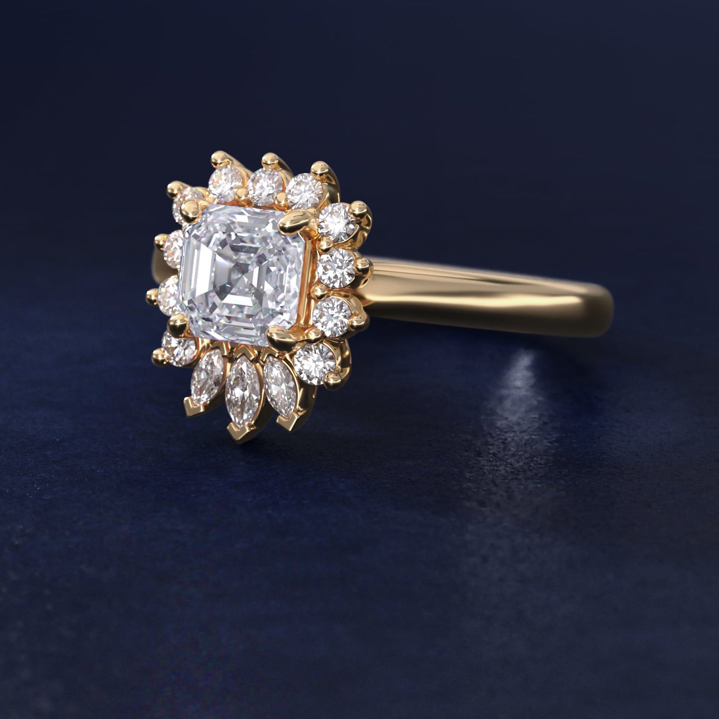 Pear Marquise and Round Ballerina Halo Diamond Engagement Ring in 14k Yellow Gold - Asscher Center