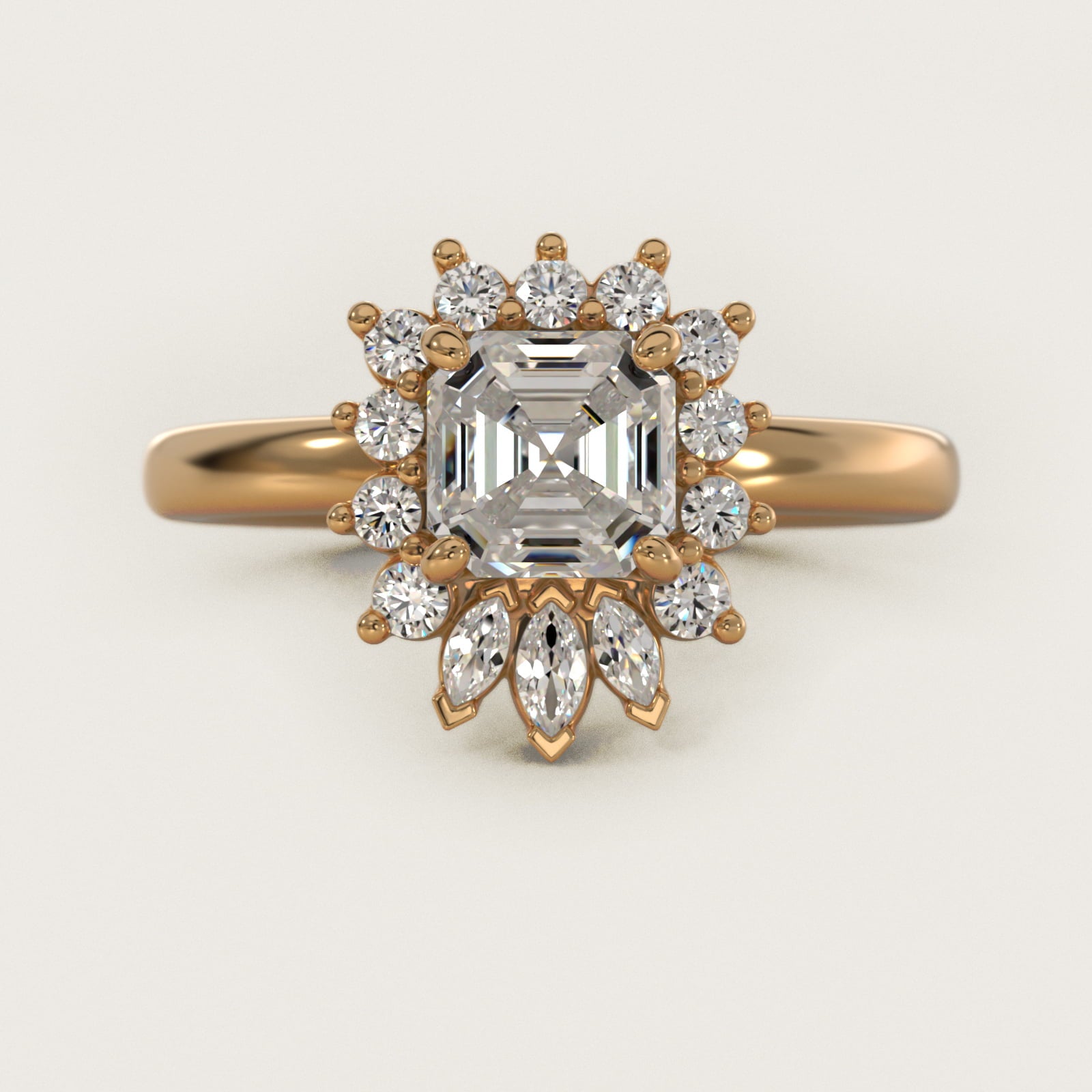 Pear Marquise and Round Ballerina Halo Diamond Engagement Ring in 14k Yellow Gold - Asscher Center