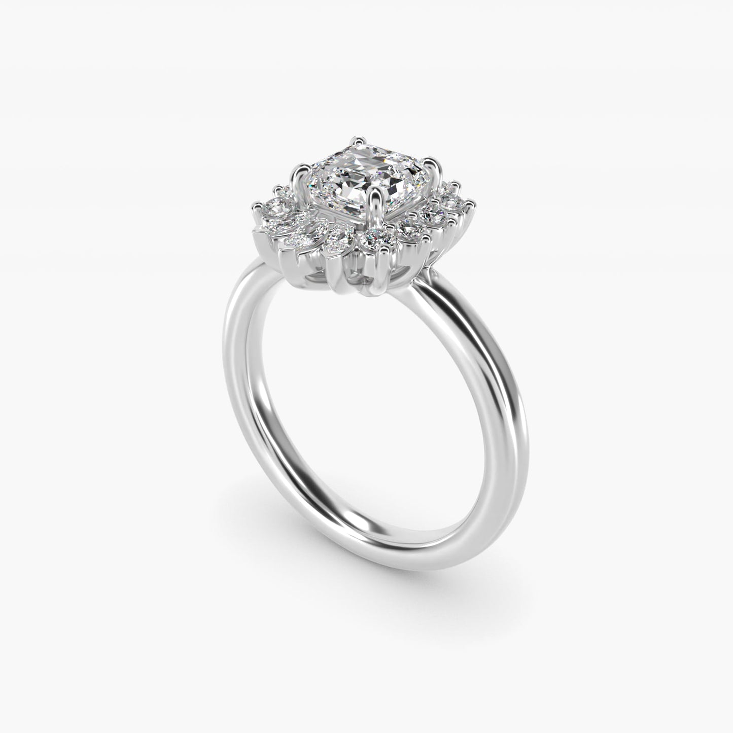 Pear Marquise and Round Ballerina Halo Diamond Engagement Ring in Platinum - Asscher Center