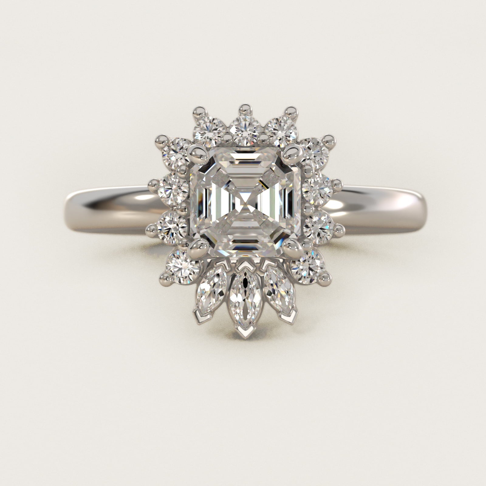 Pear Marquise and Round Ballerina Halo Diamond Engagement Ring in Platinum - Asscher Center